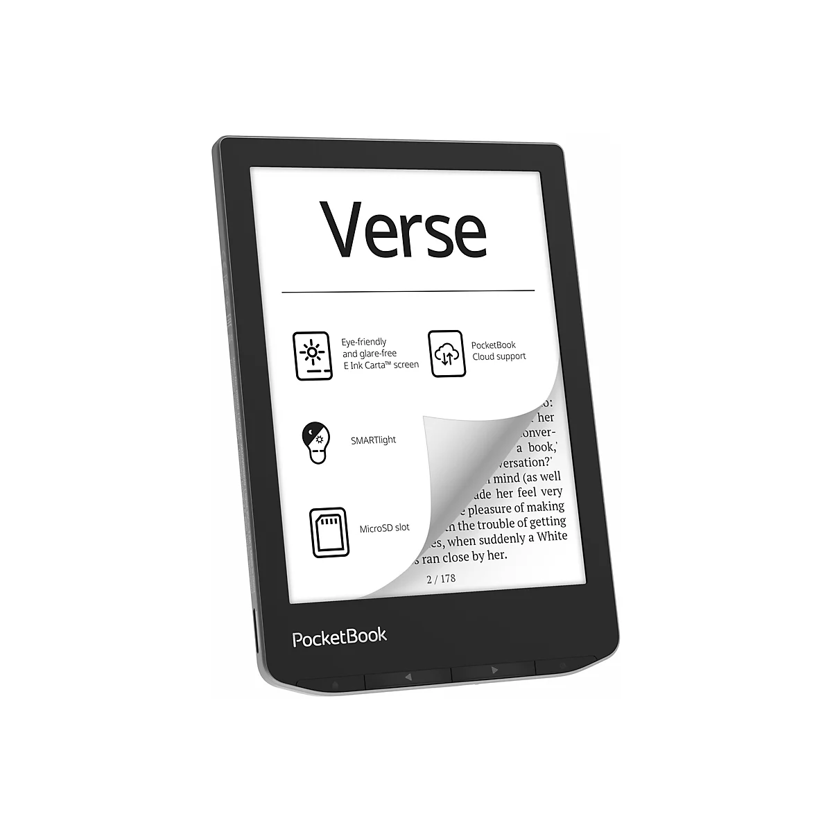 PocketBook Verse E-Reader in Schwarz mit umgeblätterter Buchseite und Funktionsicons auf dem Display.