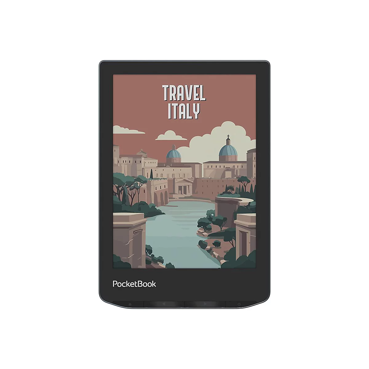 PocketBook E-Reader mit Anzeige eines italienischen Stadtbildes und dem Schriftzug TRAVEL ITALY.