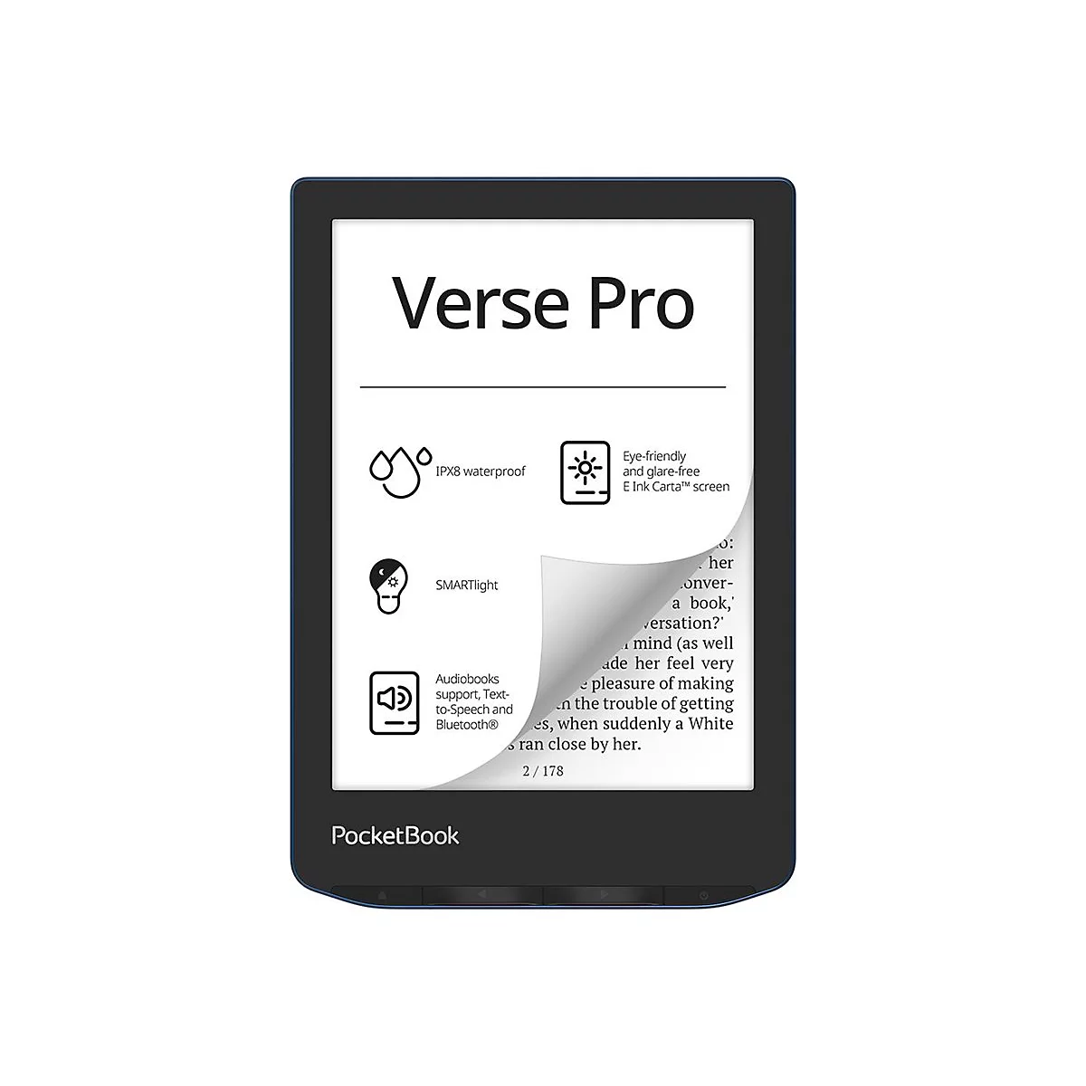 PocketBook Verse Pro E-Reader mit umgeblätterter Seite und Funktionsübersicht auf dem Display.