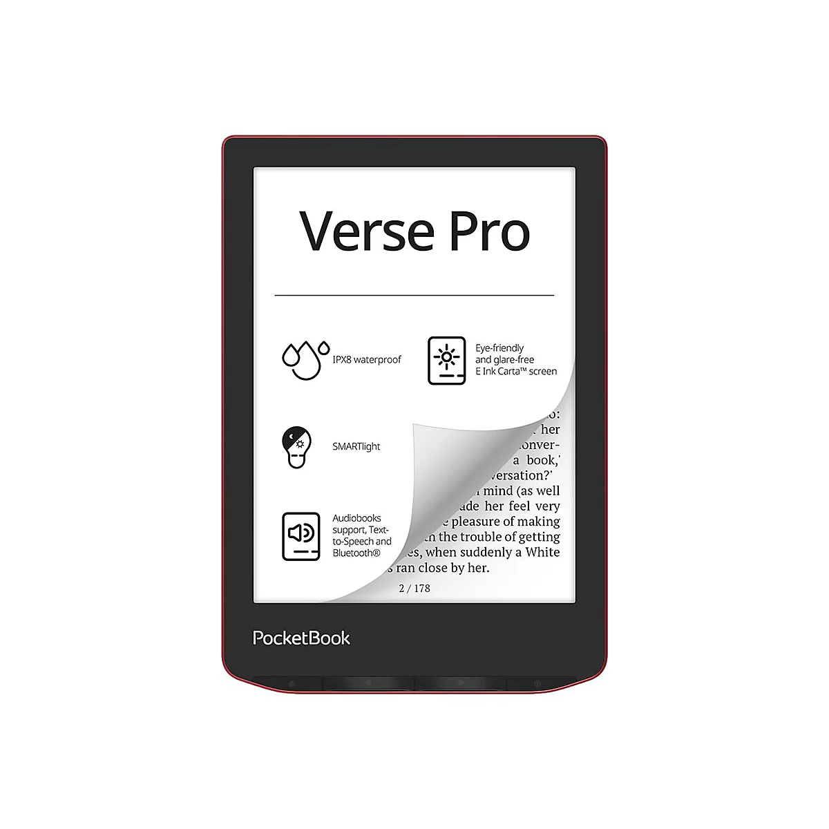 PocketBook Verse Pro E-Reader mit umgeblätterter Ecke zeigt Texte und technische Merkmale auf dem Display.