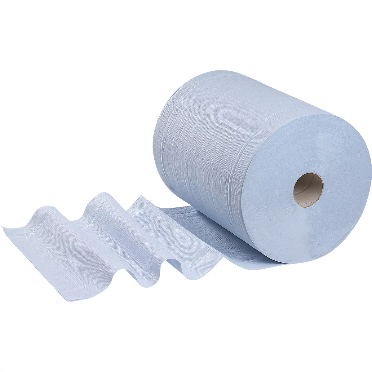 Blauwe papieren handdoek op een rol. Het papier wordt afgerold, met golvende plooien. Op een witte achtergrond.