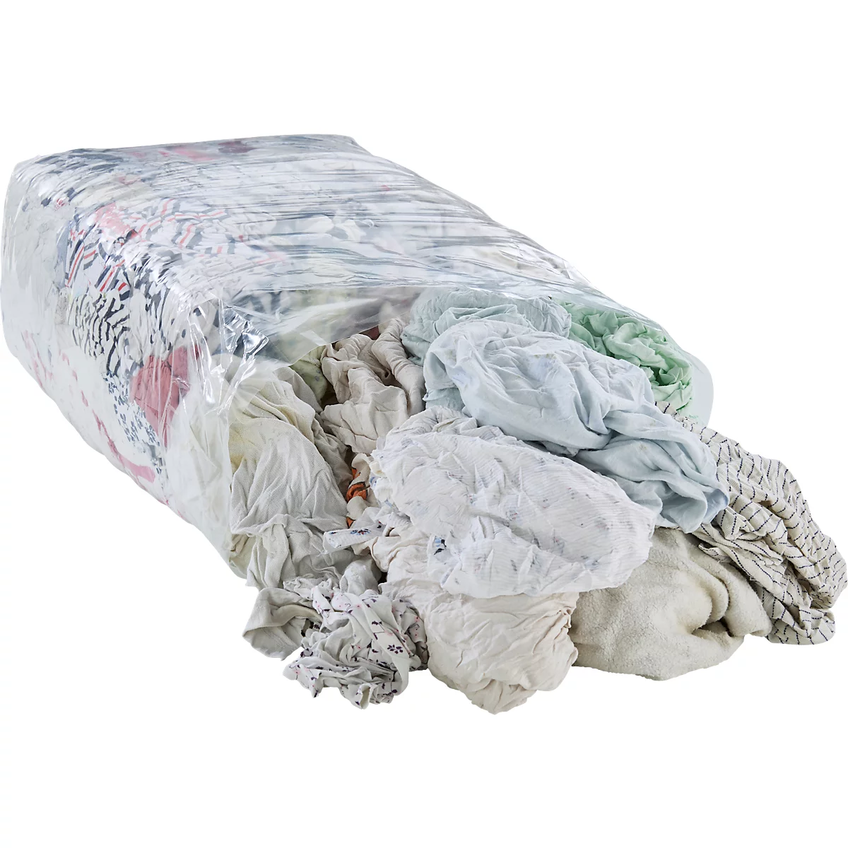 Een grote plastic zak gevuld met doeken, waaronder lichte en gekleurde textiel.