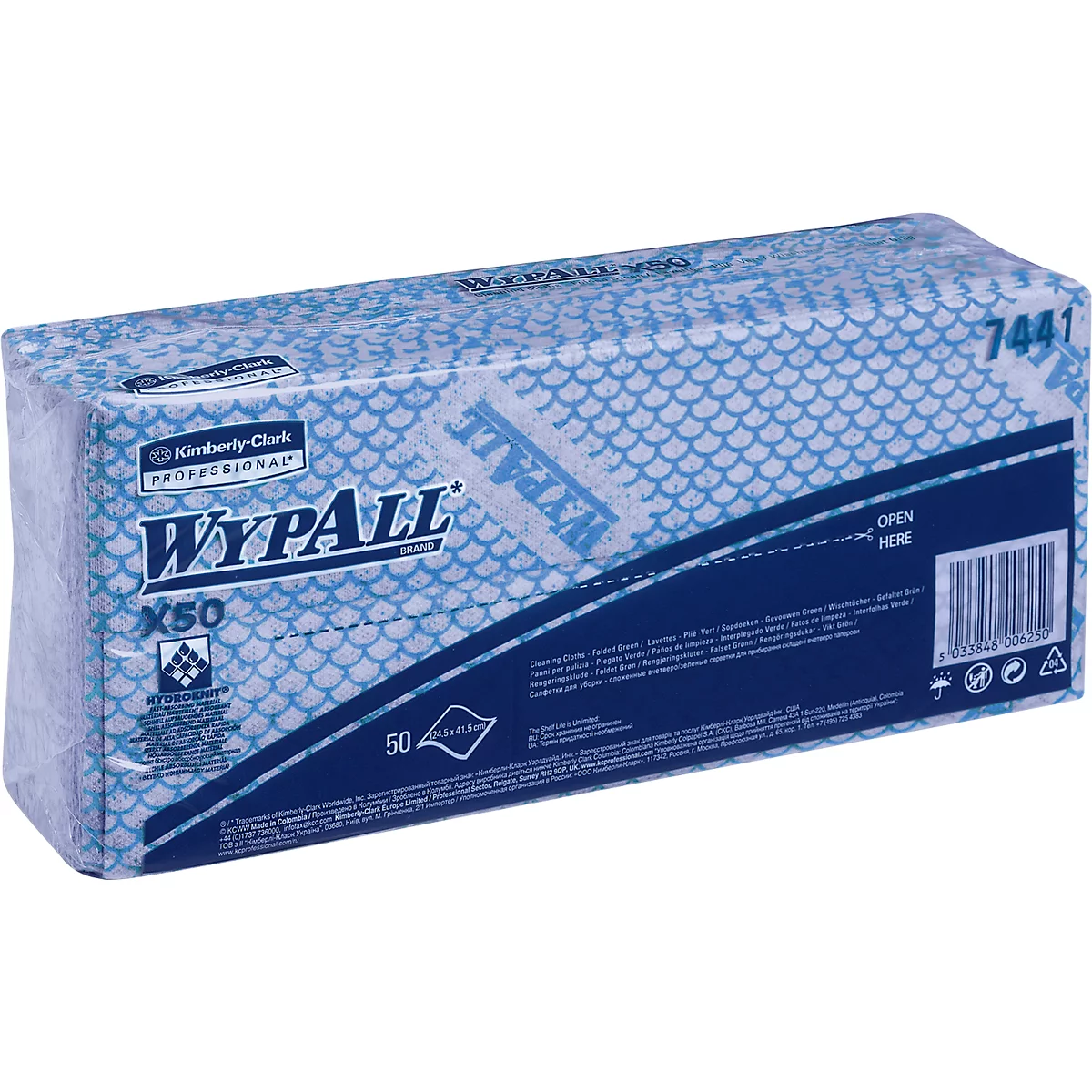 Poetsdoeken WypAll® X50, B 245 x L 416 mm, Interfold, voedselveilig, 6 x 50 stuks, blauw