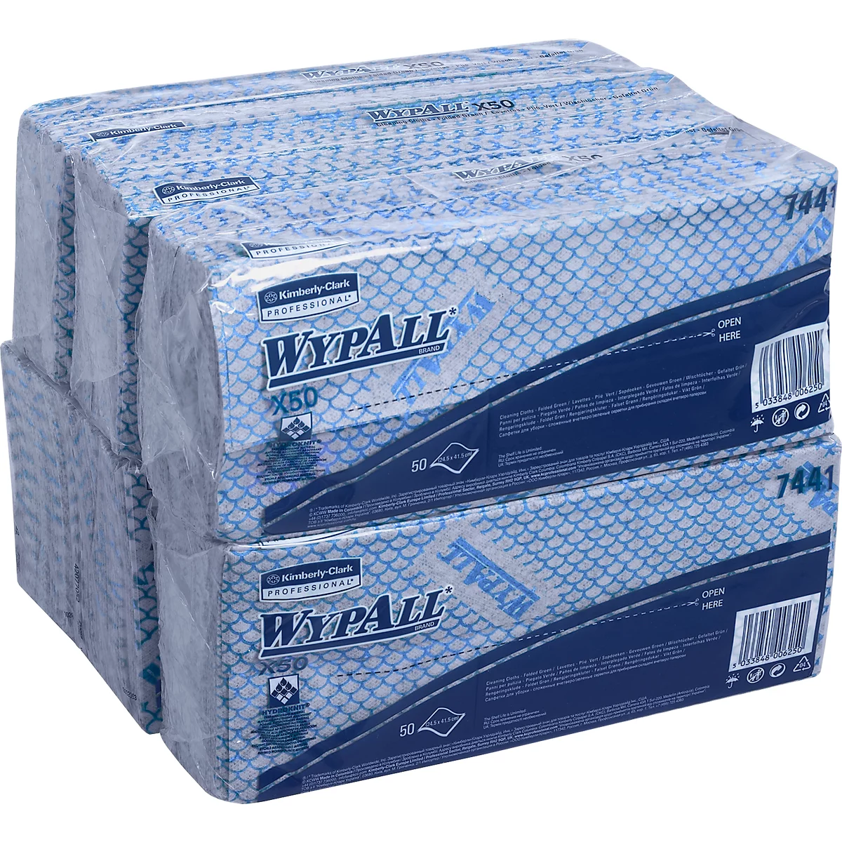 Poetsdoeken WypAll® X50, B 245 x L 416 mm, Interfold, voedselveilig, 6 x 50 stuks, blauw