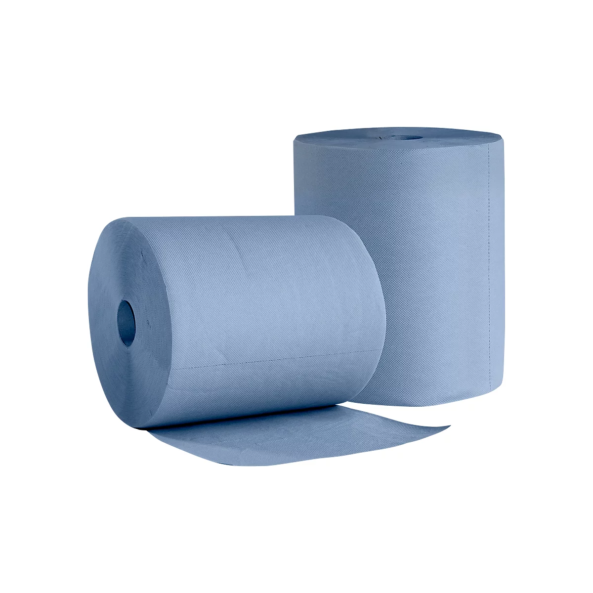 Twee rollen blauw papier, één liggend, één staand.