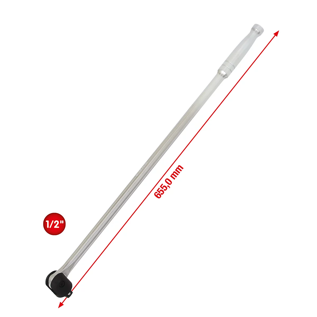 Un cliquet argenté, avec une flèche rouge indiquant la longueur de 655,0 mm. Un disque rouge avec l'inscription "1/2".