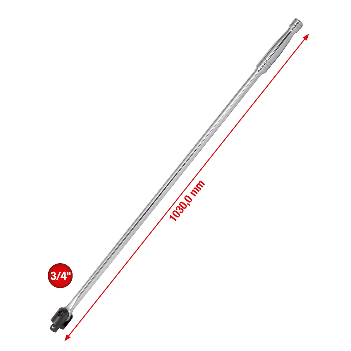 Cliquet long de couleur chromée avec indication rouge de la dimension 1030,0 mm, indication de la taille 3/4".