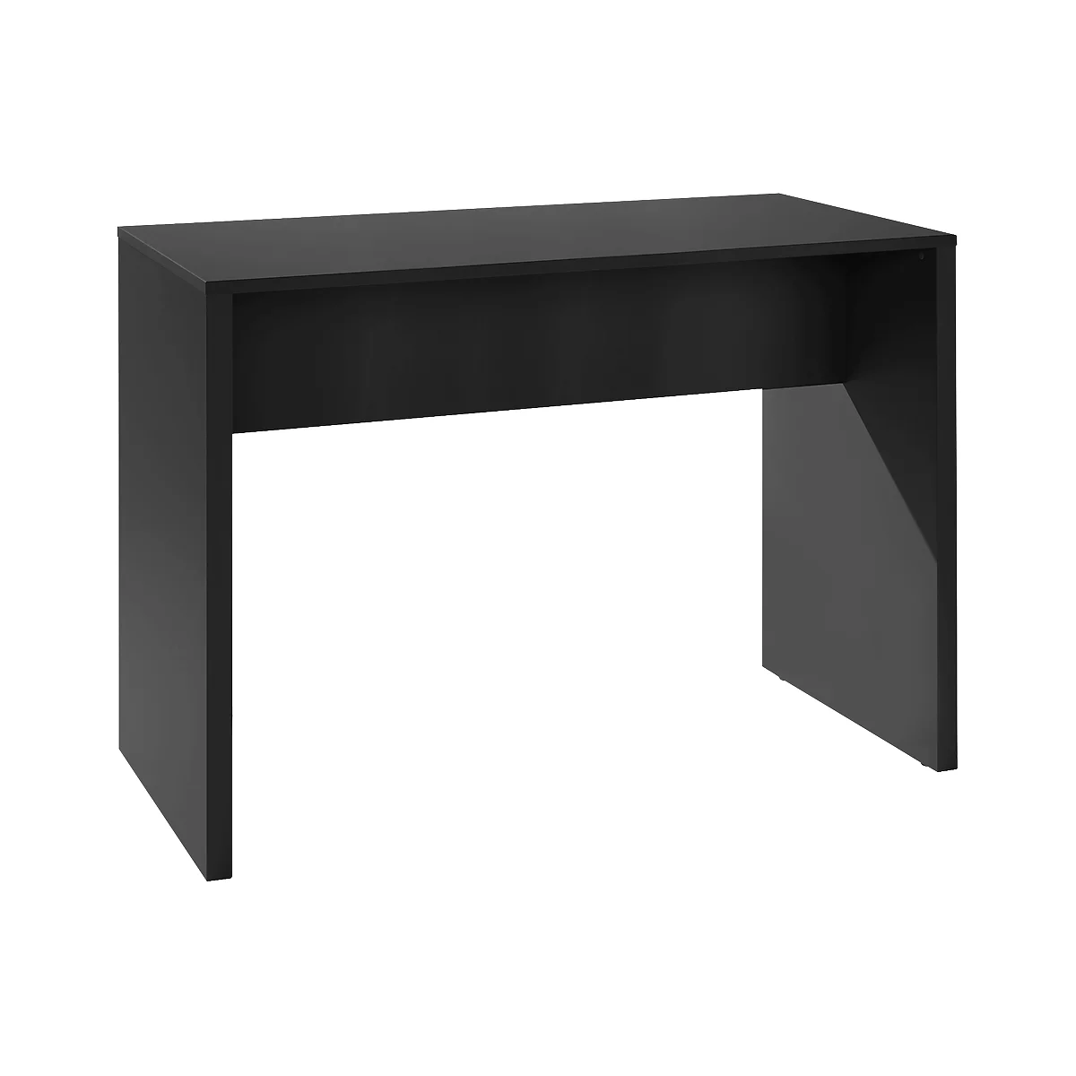 Black desk with a rectangular tabletop and two legs.