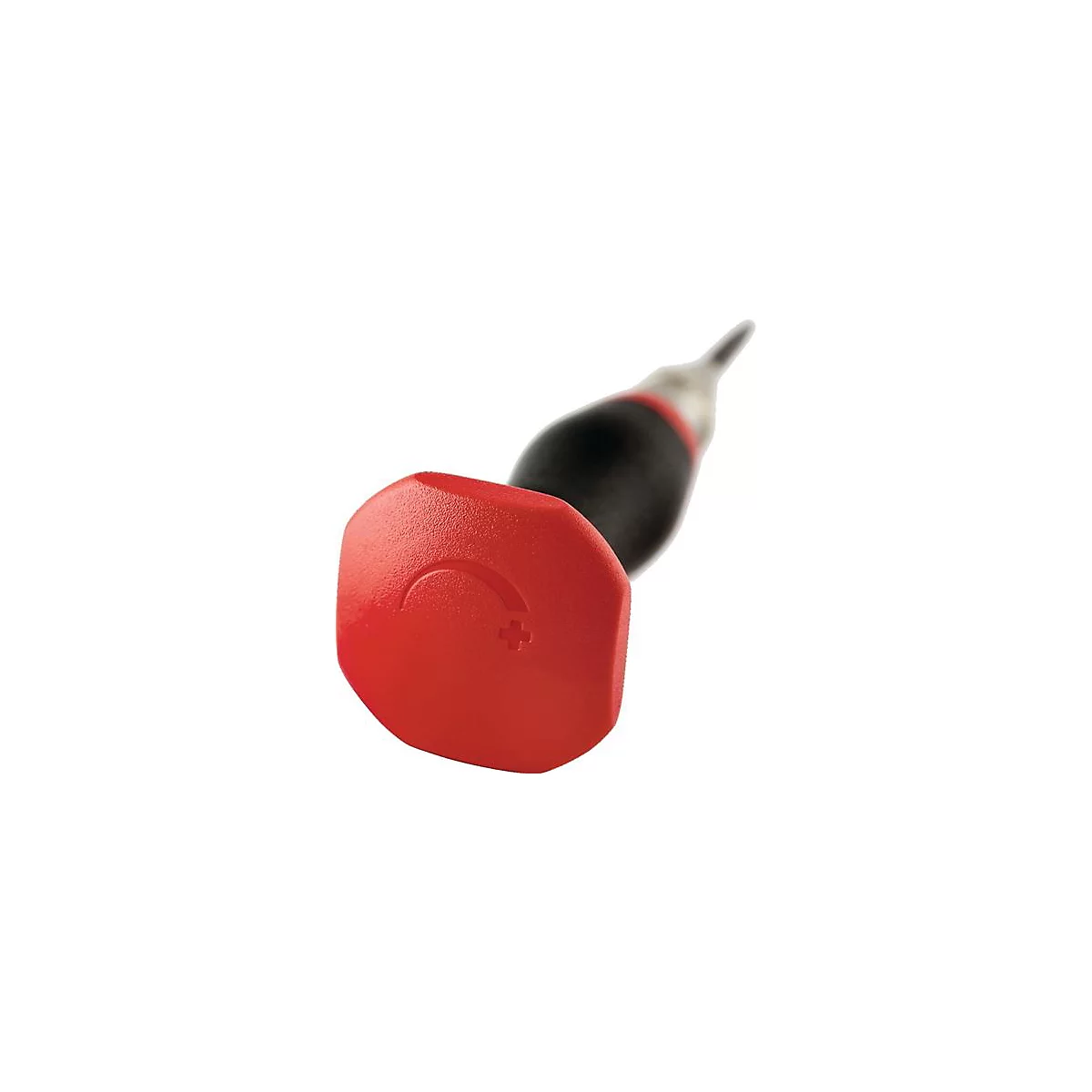 Poignée d'outil rouge avec tige noire. Sur la poignée se trouve un symbole plus et un demi-cercle.