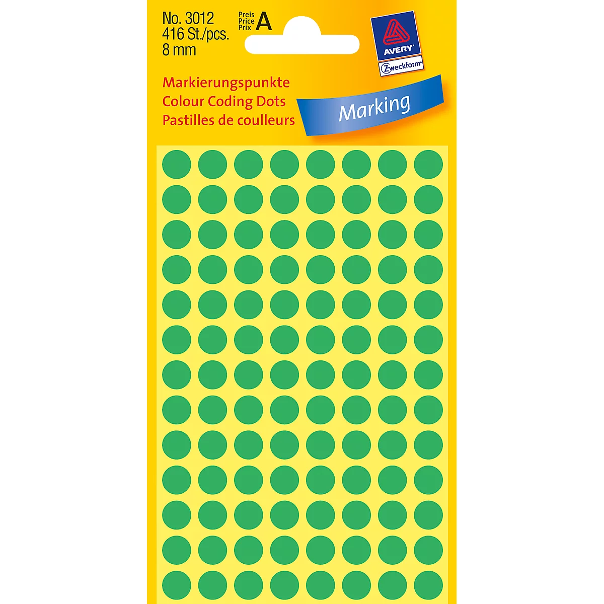 Points de marquage verts sur fond jaune. En haut à gauche : informations sur le produit. En haut à droite : logo Avery et le mot « Marking ».