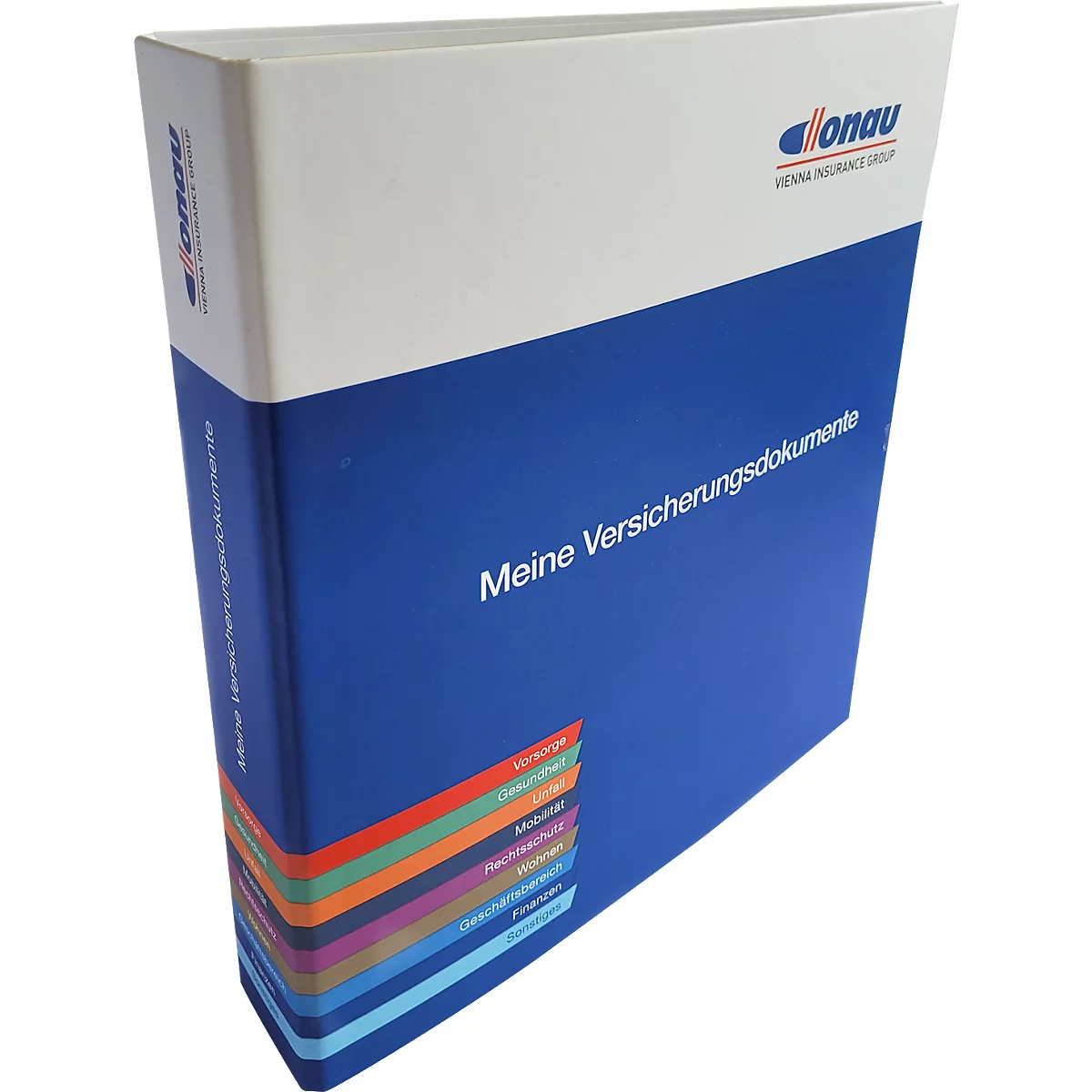 Blauer Ordner mit "Meine Versicherungsdokumente" und Logo. Farbige Register. Der Ordner ist leicht schräg.