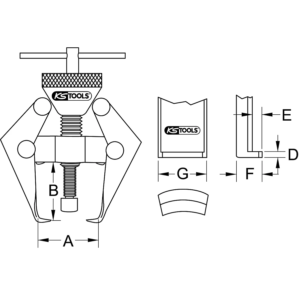 Zeichnung eines Werkzeugs mit den Buchstaben A bis G und dem Logo KS TOOLS.