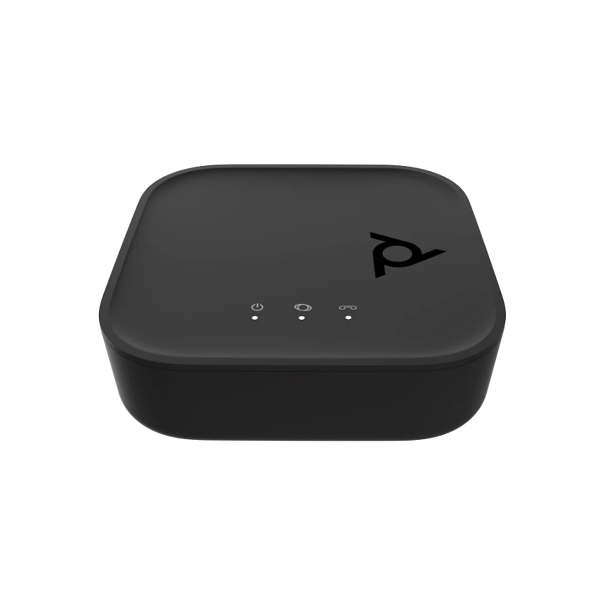 Adaptateur réseau noir et carré avec trois petites lumières et un logo en haut à droite.