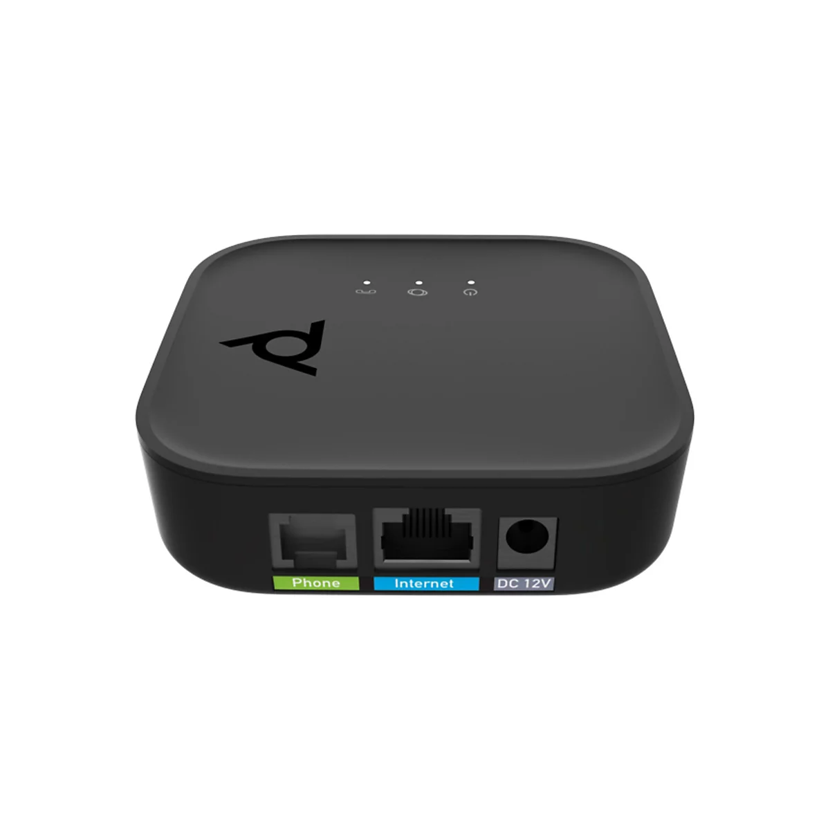 Appareil Poly noir avec ports téléphone, internet et alimentation. Indicateurs sur le dessus. Le logo Poly est clairement visible.