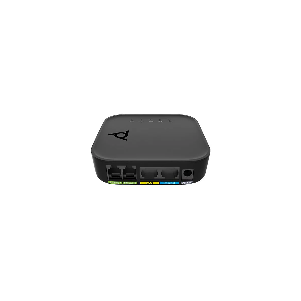 Routeur noir avec ports pour téléphone, LAN, internet et DC 12V.