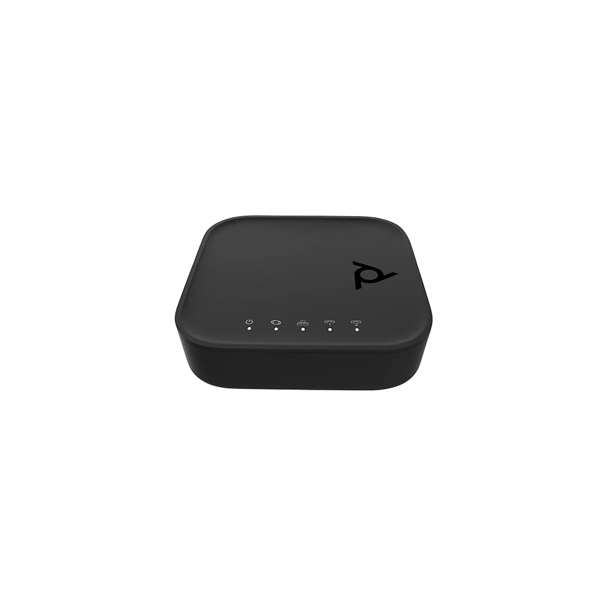 Routeur noir avec des symboles lumineux et un logo. Il y a quatre symboles avec des points lumineux sur le dessus.