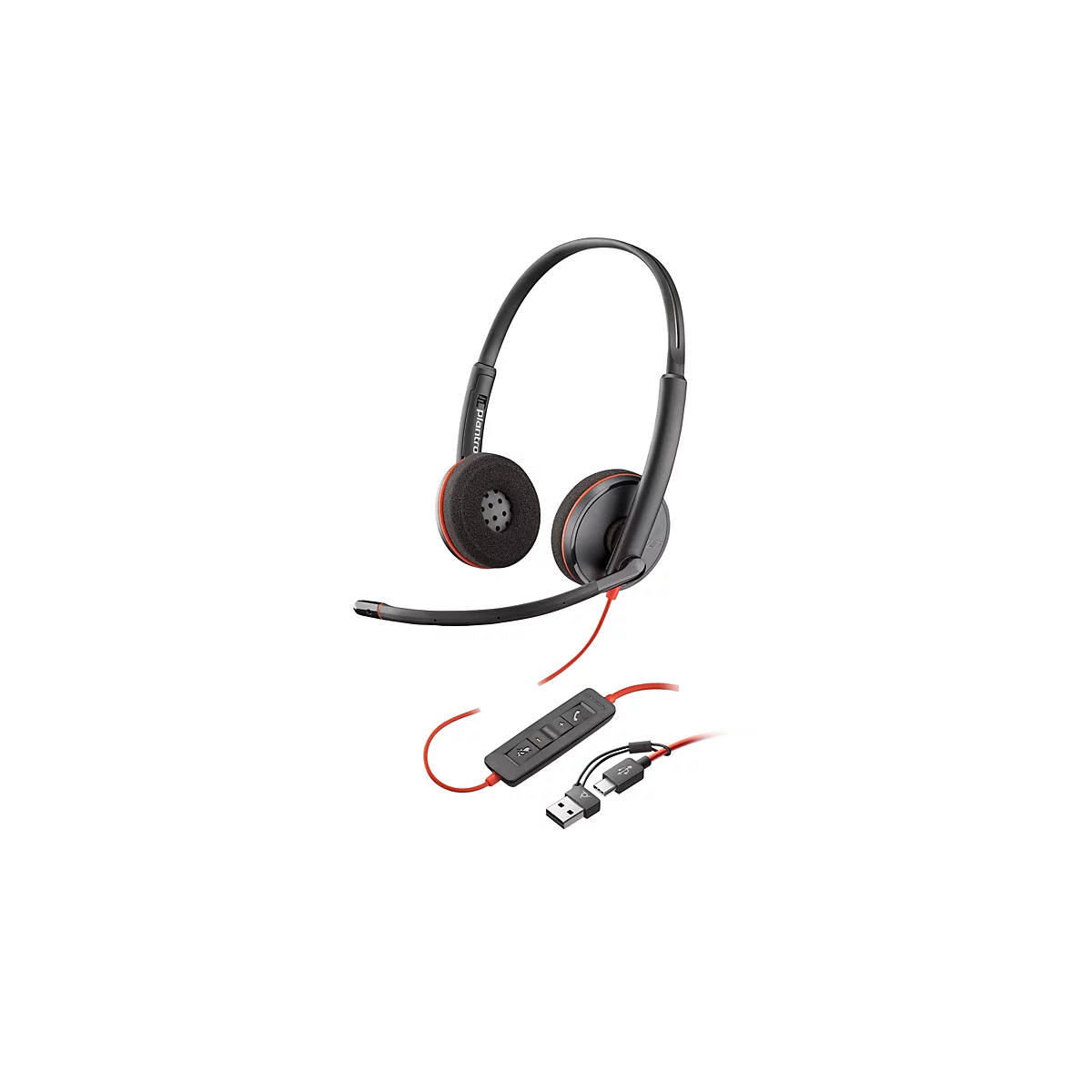 Casque noir avec accent rouge. L'arceau, les coussinets d'oreille, le microphone, le câble et le connecteur USB sont visibles.