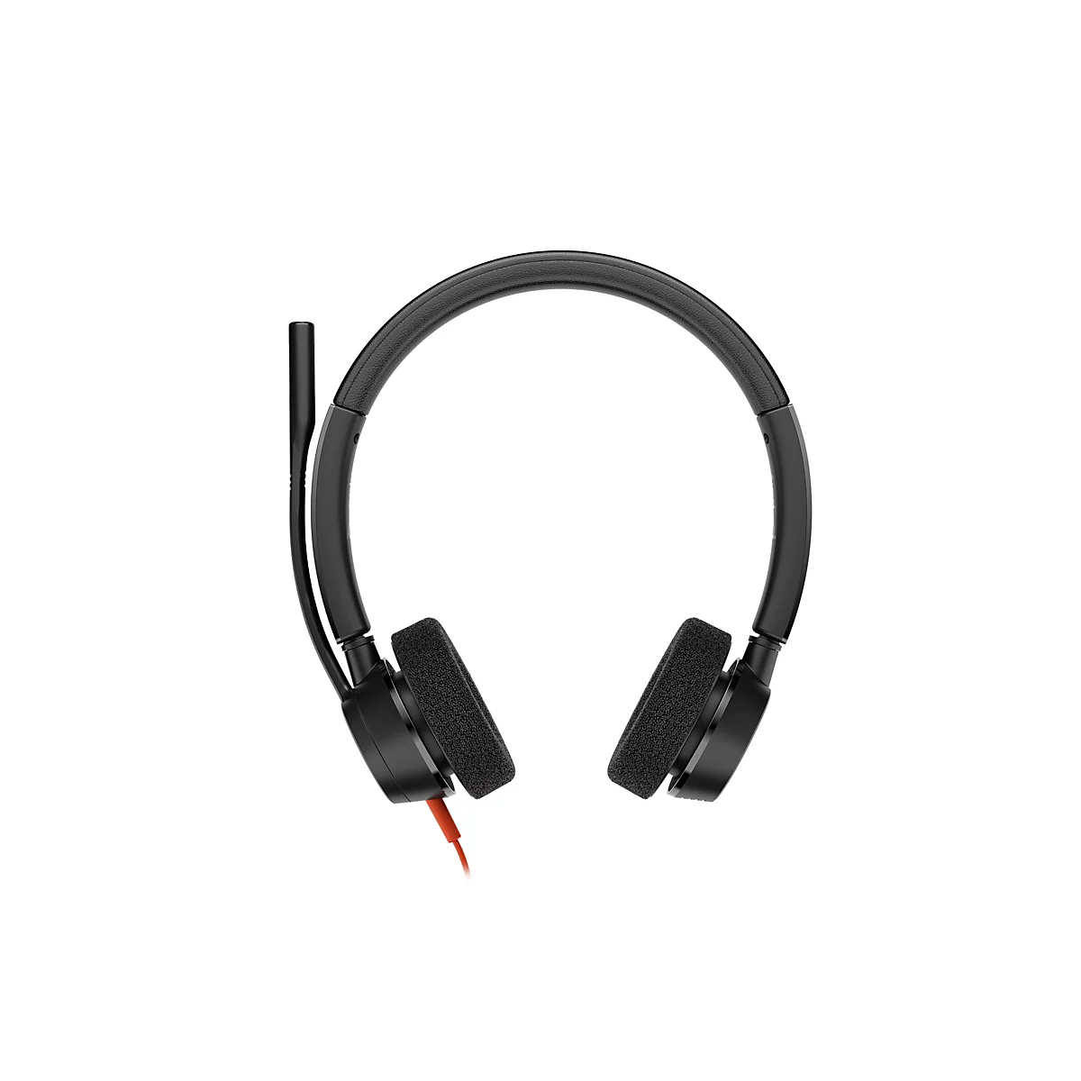 Schwarzes On-Ear-Headset mit einem Mikrofonarm auf der linken Seite und einem orangefarbenen Kabel.