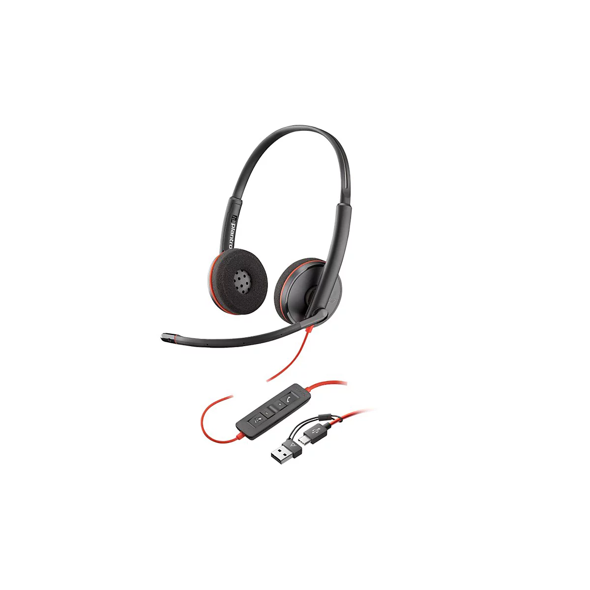 Schwarzes Headset mit rotem Kabel, Ohrmuscheln und Steuerung. Der Bügel hat den Schriftzug "Plantronics".