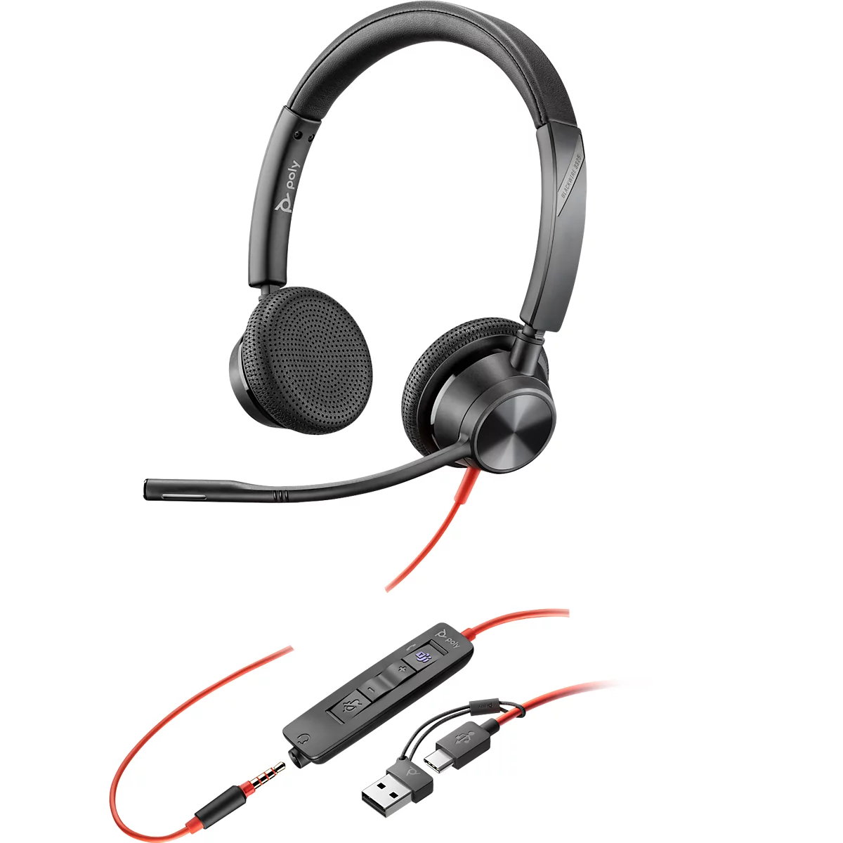 Black headset with microphone and red cable, next to it a control element with USB connection.