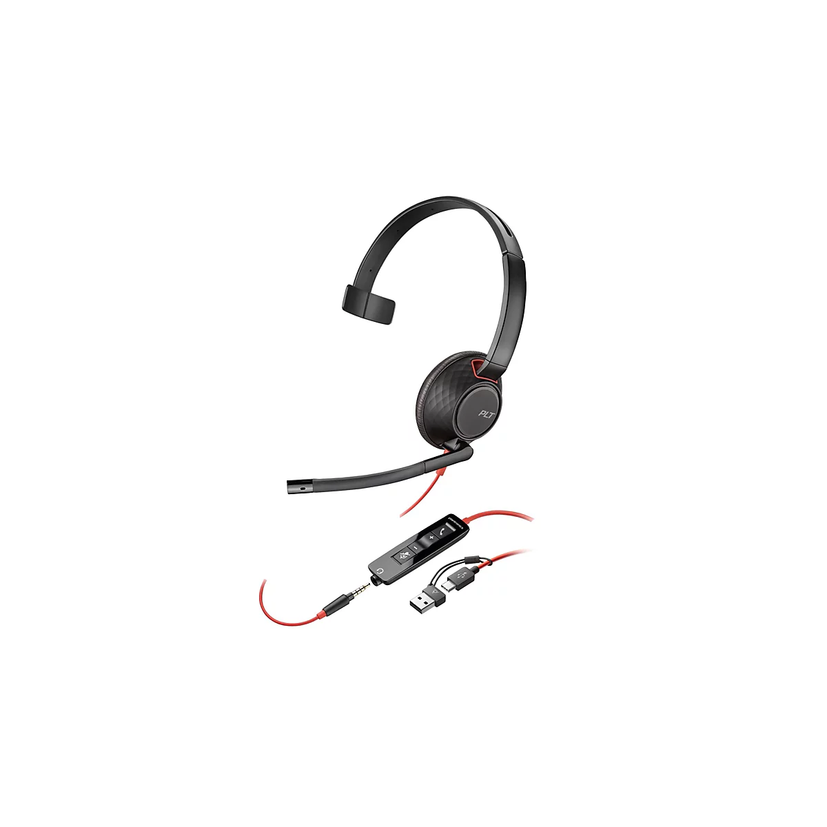Un casque noir avec un câble rouge, connecté à une télécommande avec des boutons et des ports. Le casque indique "PLT".