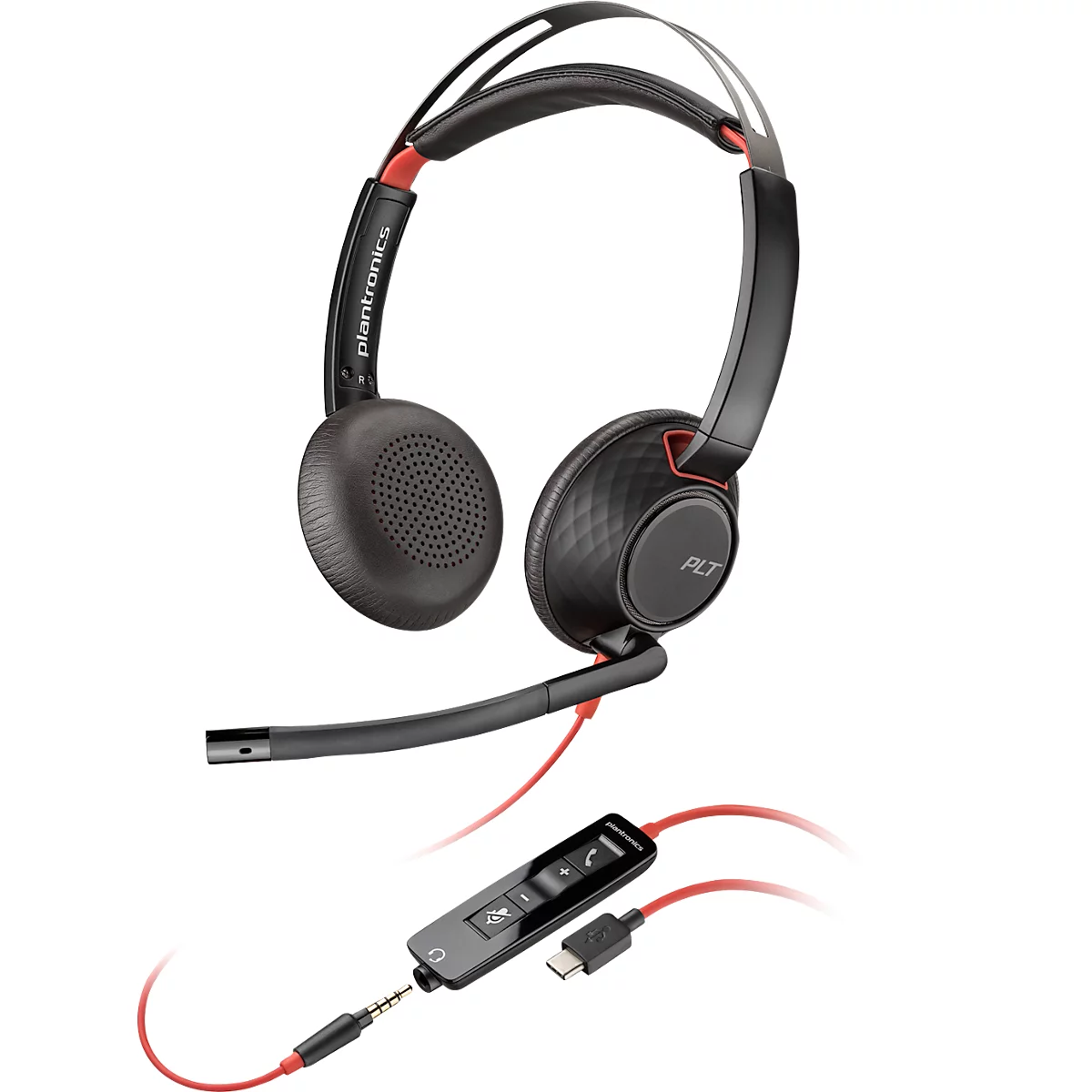 Black headset with red accents, microphone and control.