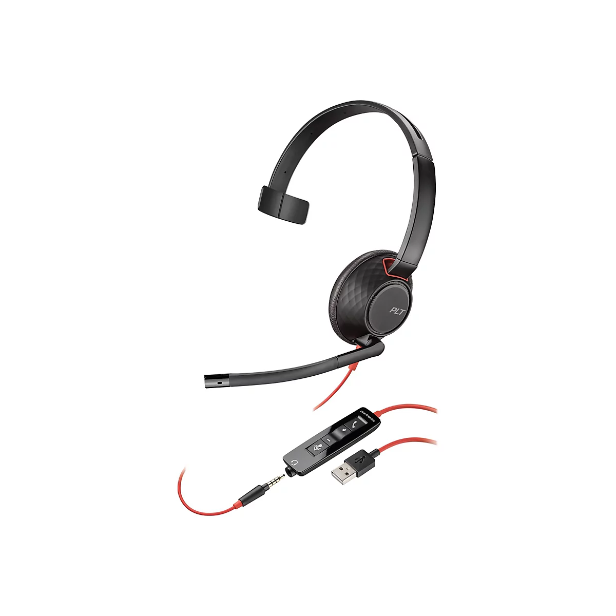 Schwarzes einseitiges Headset mit rotem Kabel und Kabelfernbedienung auf weißem Hintergrund.