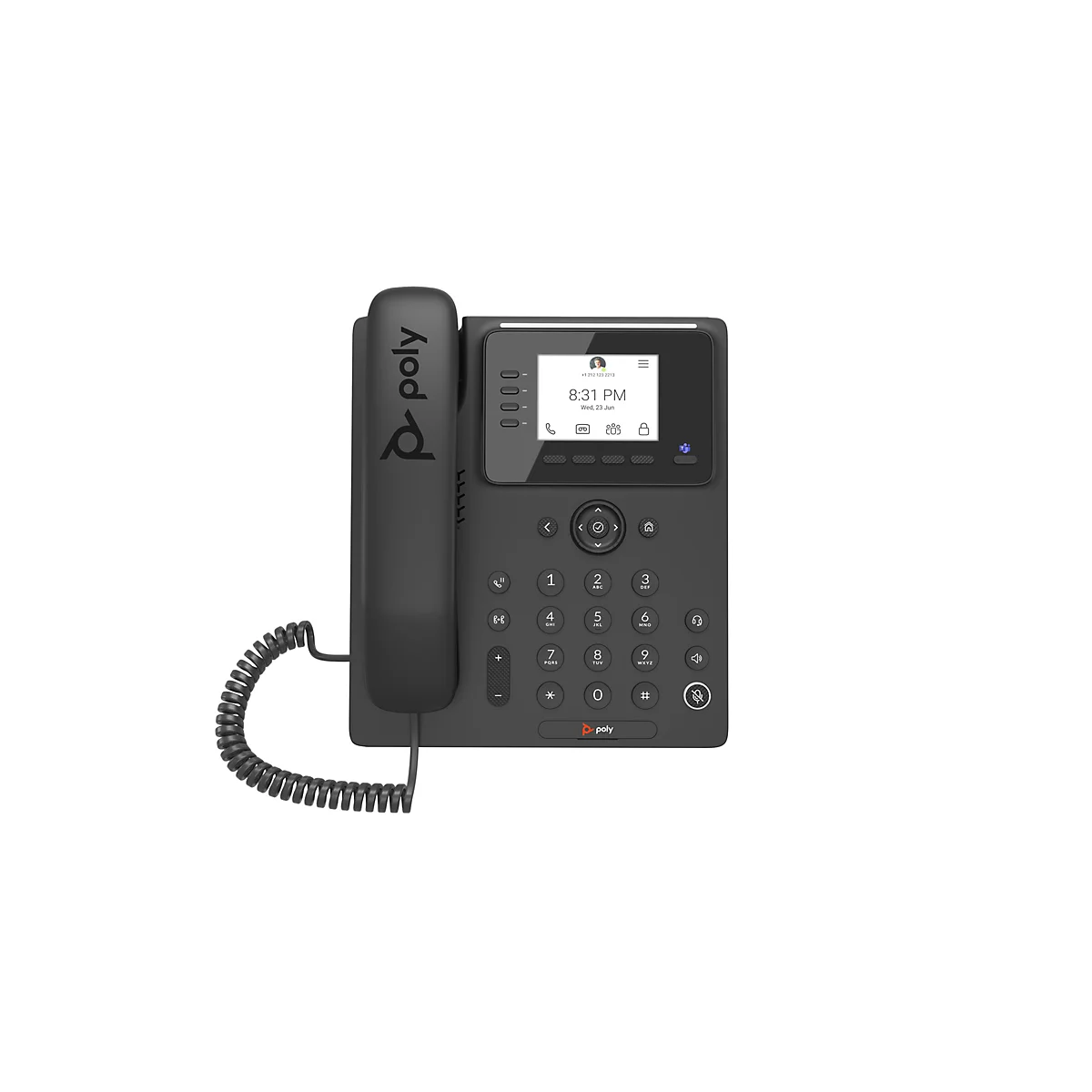 Schwarzes Poly Tischtelefon mit Handhörer und Bildschirm, Uhrzeit 20:31 Uhr.