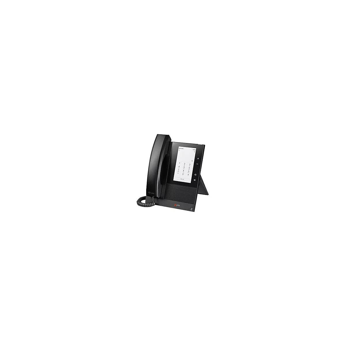Schwarzes Poly IP-Telefon mit Touchscreen und Hörer auf weißem Hintergrund.