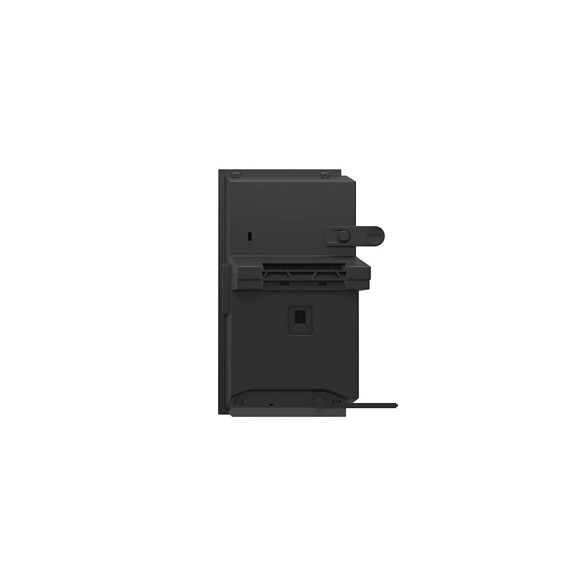 Un appareil noir et rectangulaire, probablement un composant électronique, sur fond blanc. Il comporte différents éléments, dont un bouton et un renfoncement.