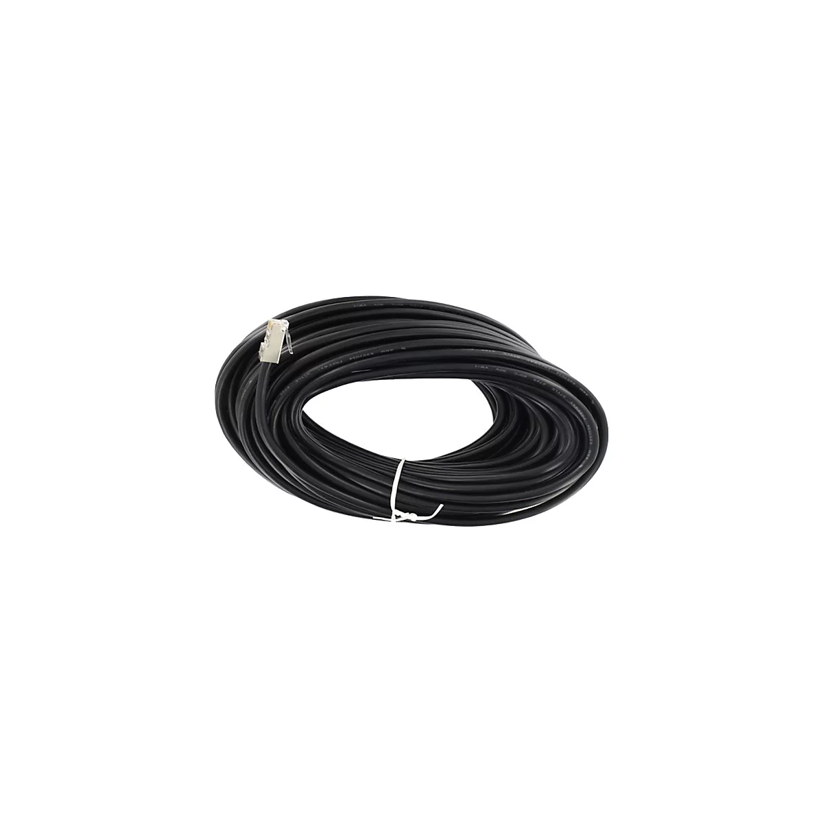 Aufgerolltes schwarzes Netzwerkkabel mit transparentem RJ45-Stecker vor weißem Hintergrund.