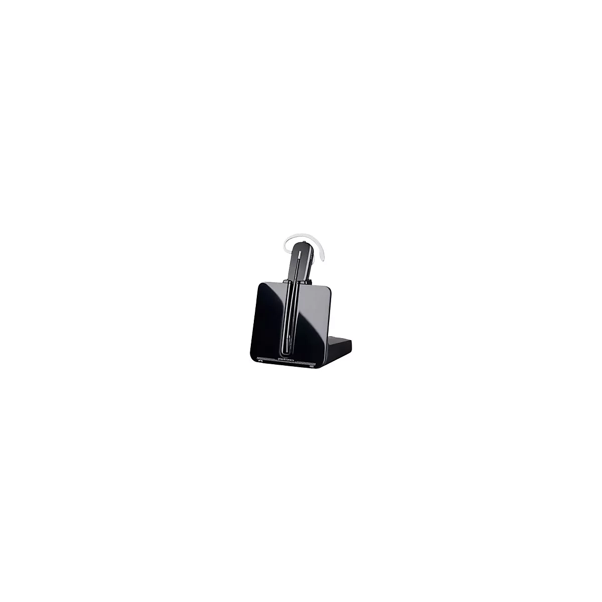 Schwarzes Plantronics Bluetooth-Headset in einer glänzenden Ladestation vor weißem Hintergrund.