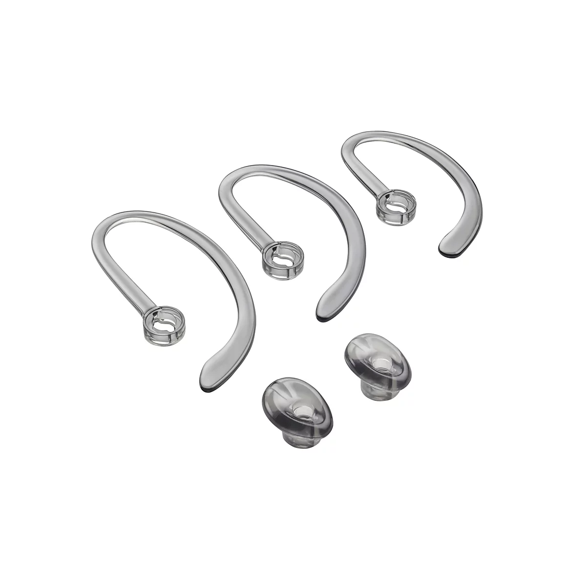 Draufsicht auf drei graue Ohrbügel und zwei Ohrstöpsel. Einzelteile für Kopfhörer.