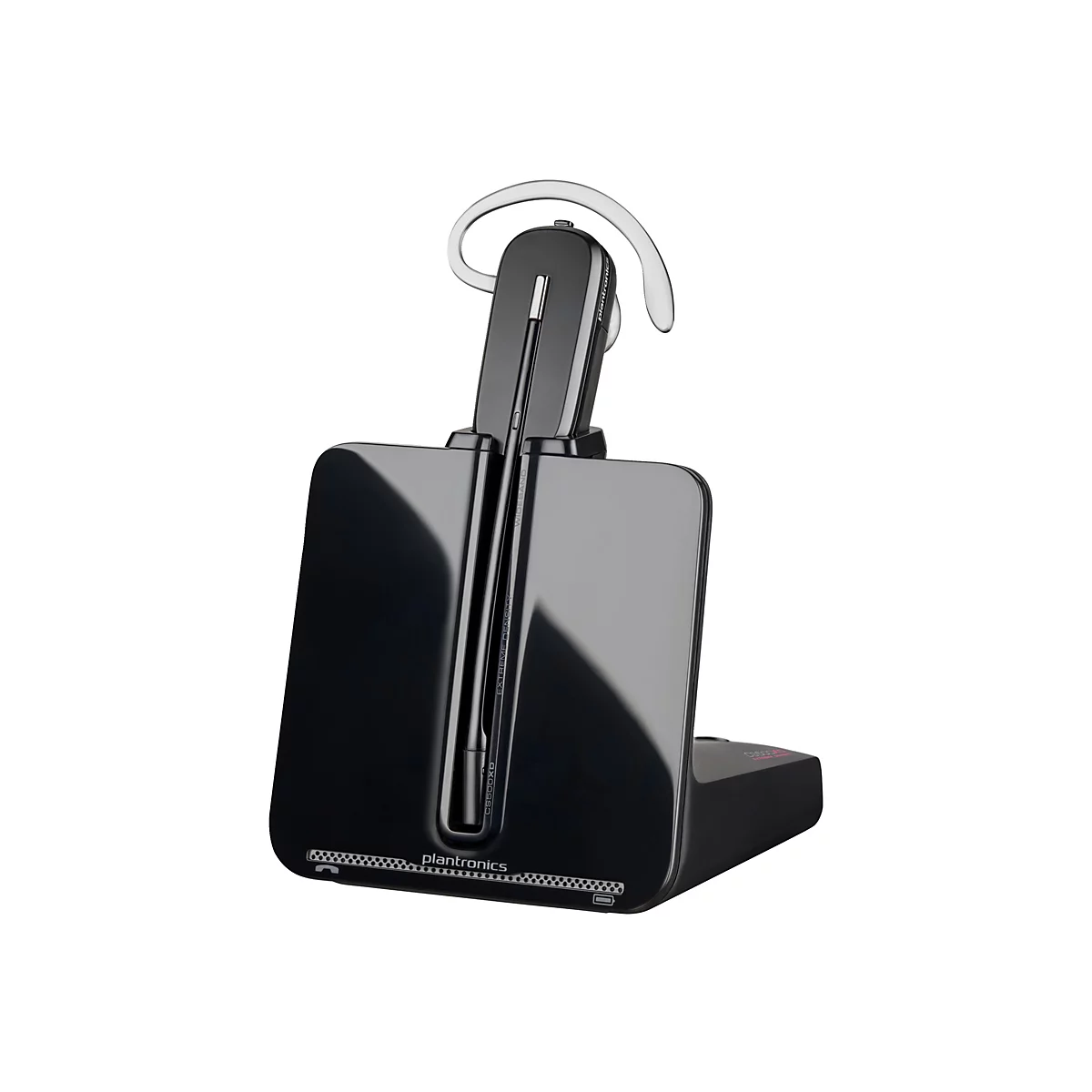 Schwarzes Plantronics-Headset, das auf einer Ladestation steht. Auf dem Headset befindet sich das Plantronics-Logo. Auf der Ladestation befindet sich das Modell des Headsets.