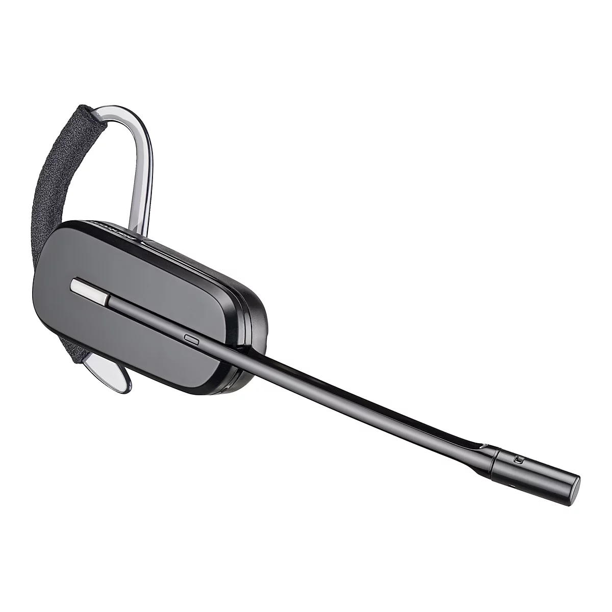 Drahtloses Bluetooth-Headset auf weißem Hintergrund. Es ist dunkelgrau, mit einem Mikrofon-Ausleger.