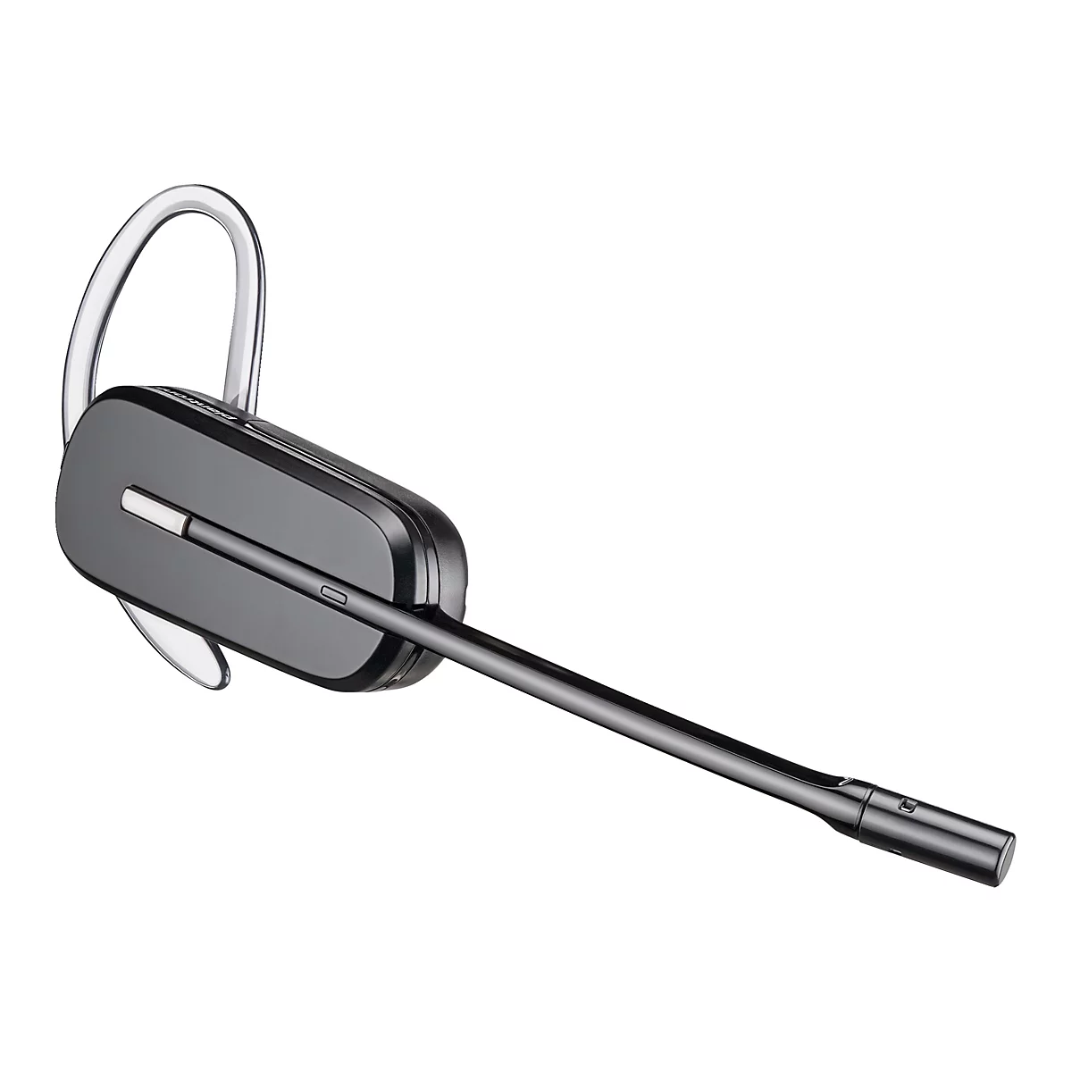 Drahtloses Bluetooth-Headset vor weißem Hintergrund. Es ist überwiegend schwarz mit einem transparenten Ohrbügel.