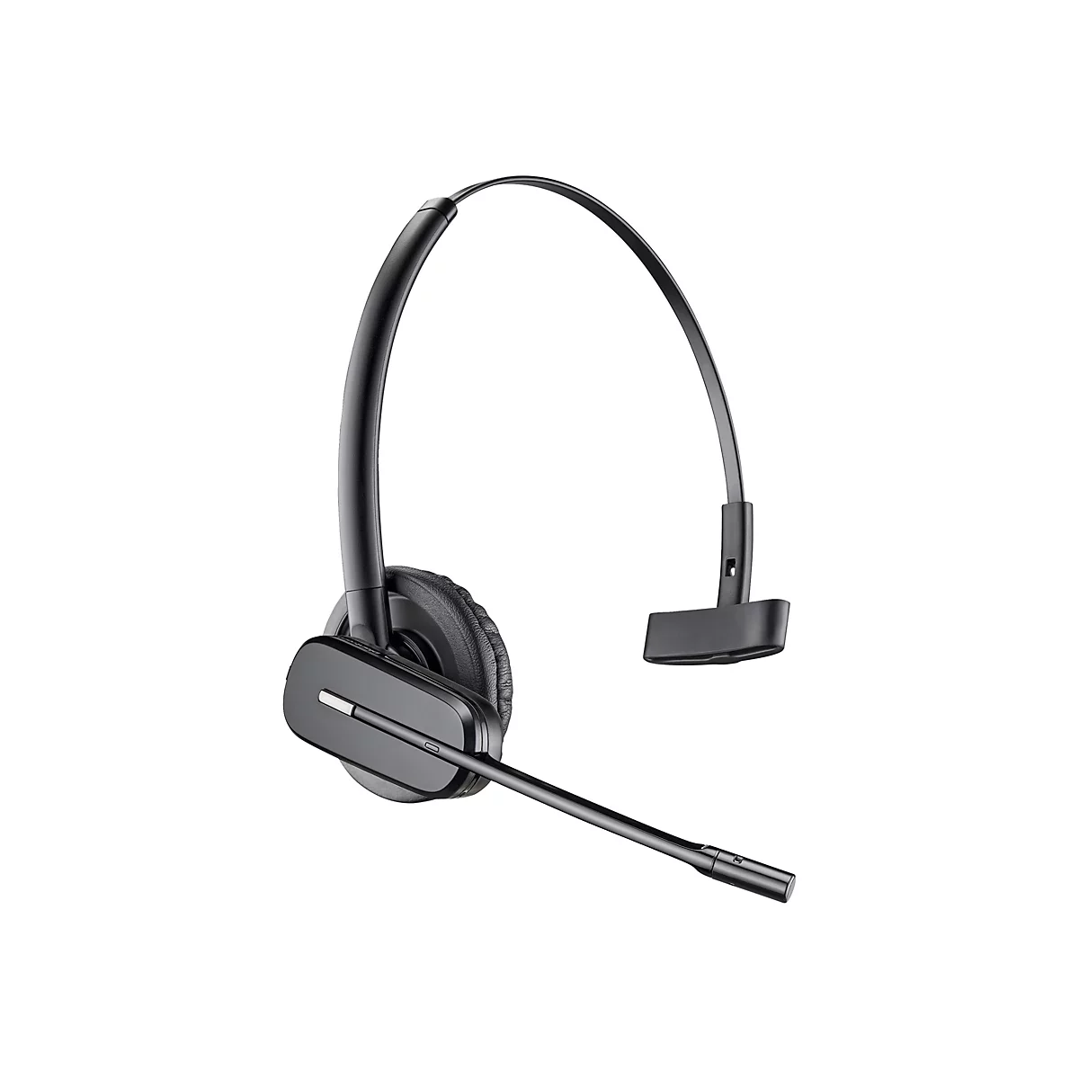 Drahtloses Headset in Schwarz mit Bügel, Mikrofon und Ohrmuschel, isoliert vor weißem Hintergrund.