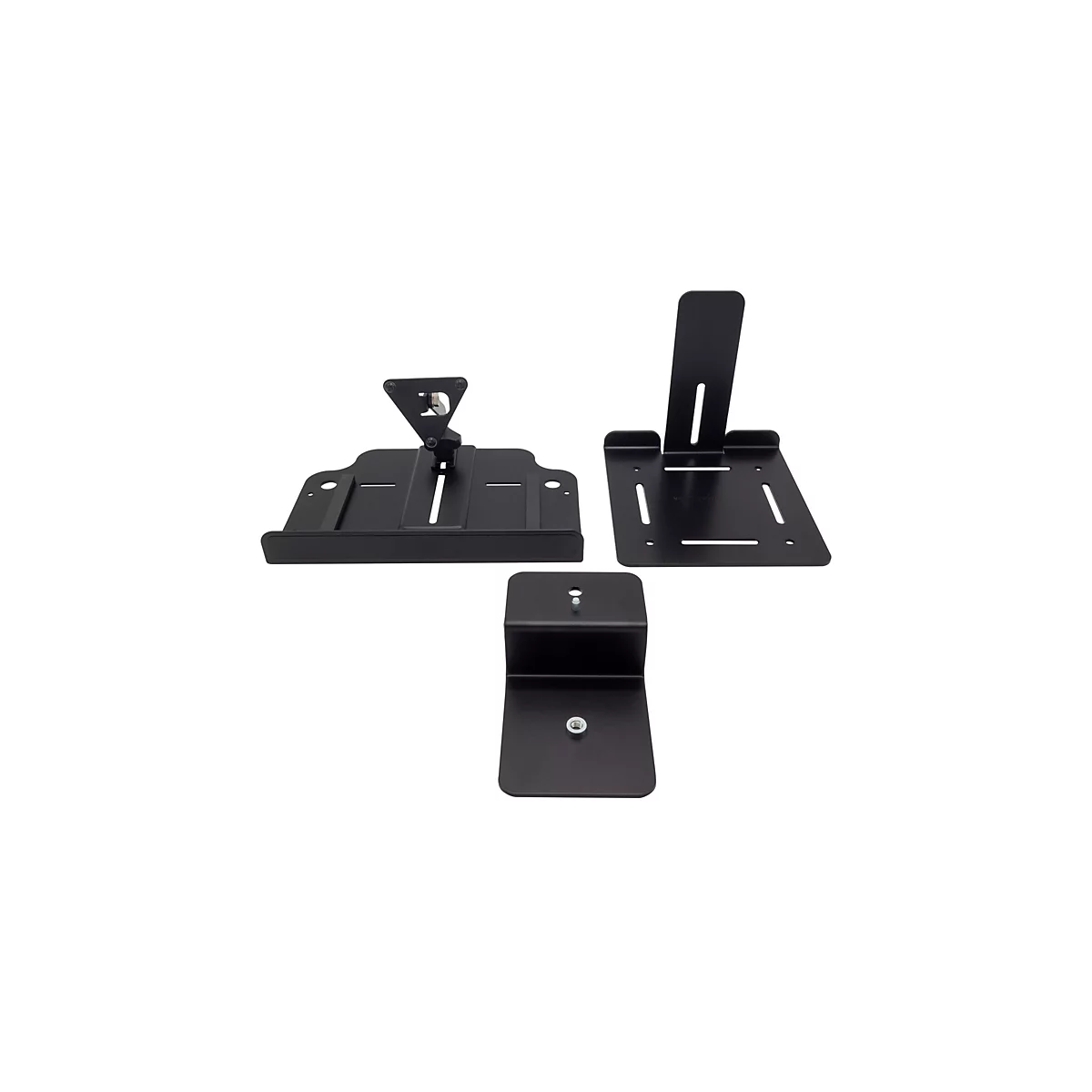 Trois pièces métalliques noires, probablement des supports, sur fond blanc. Différentes formes, comme un support, une forme en L et une fixation triangulaire.