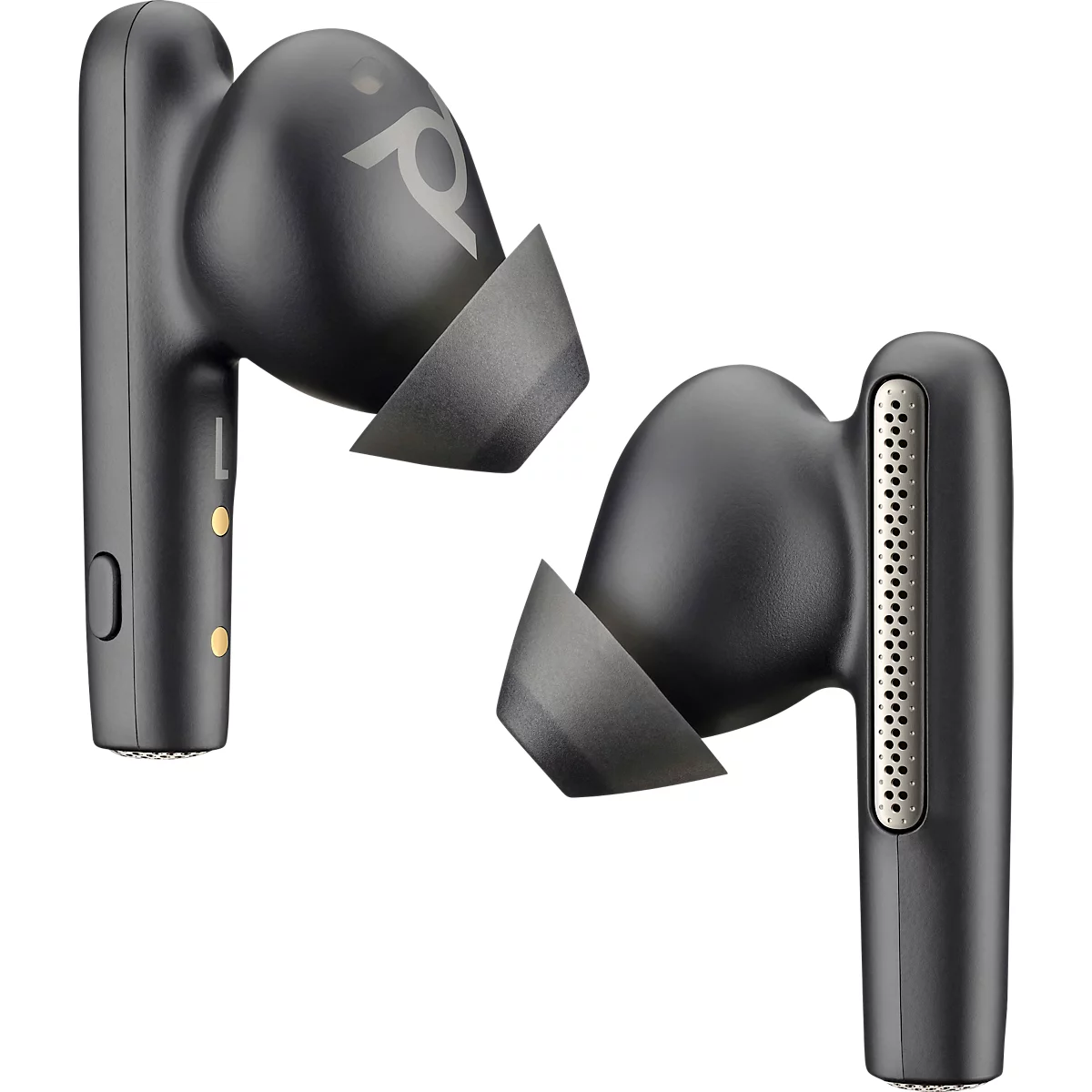 Two black wireless earbuds with gray ear tips. The company logo is visible on one of the earbuds.