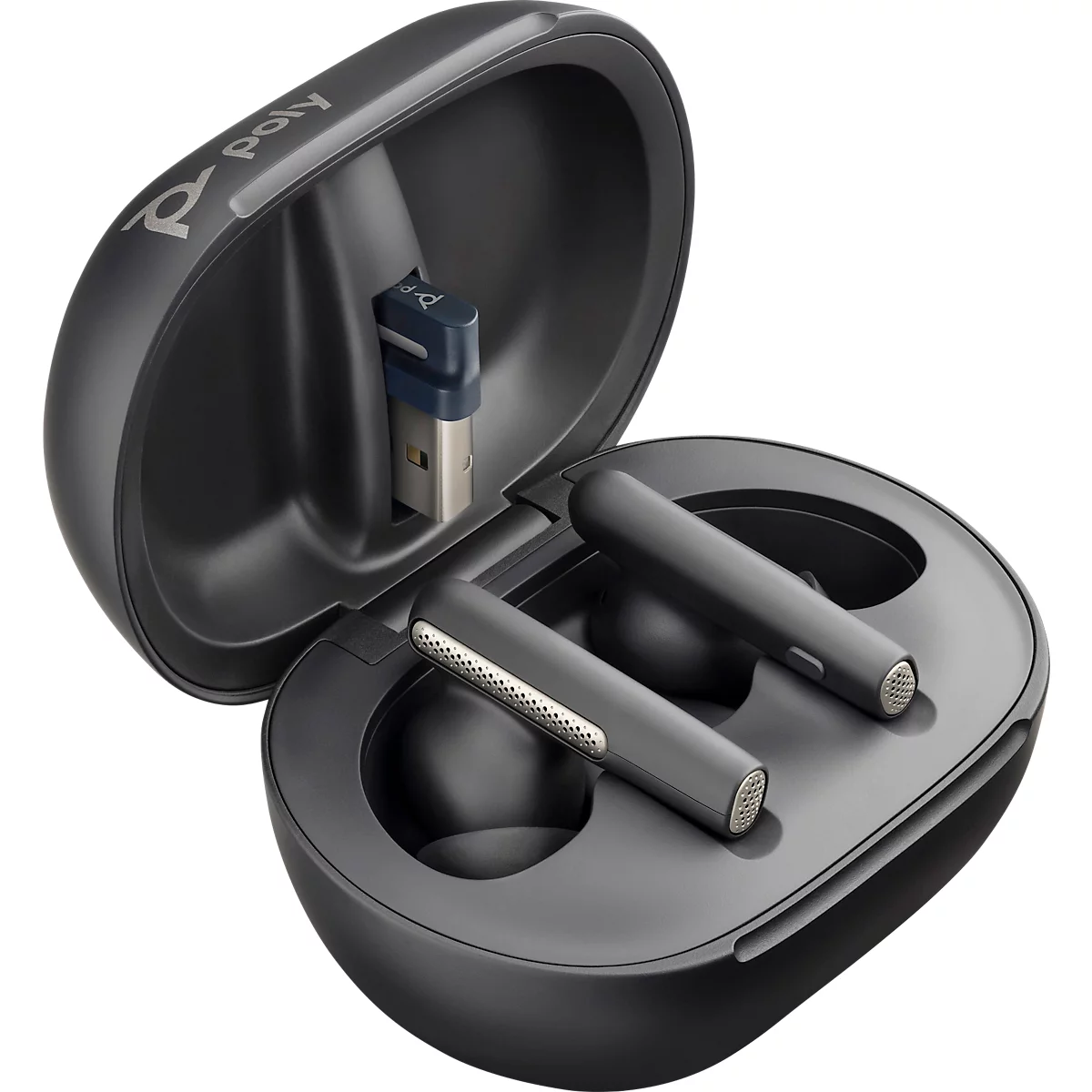 Dark in-ear headphones in a charging case. Lid open, a USB dongle and two headphones visible.