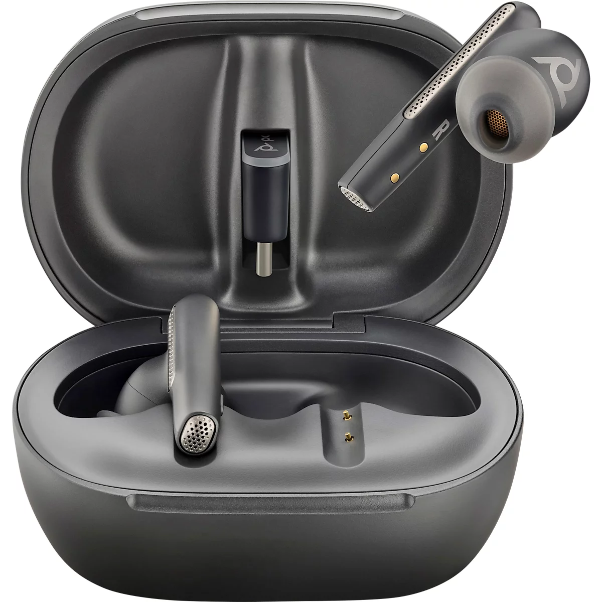 Dark gray earbuds in an open charging case. One earbud sits in the case, one is next to it.