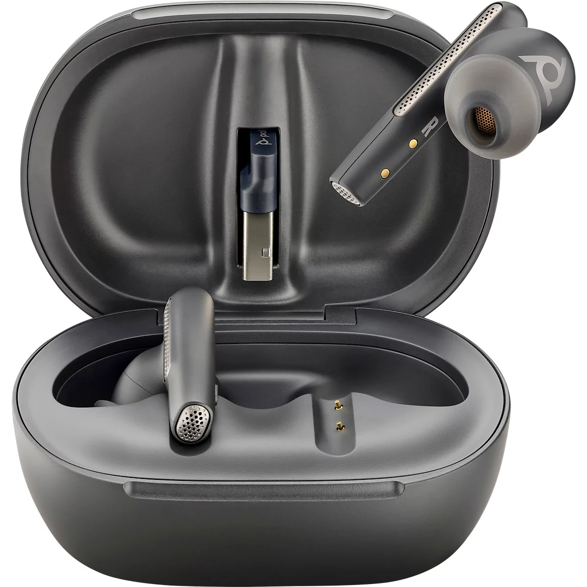 Dark grey earbuds with charging case. One earbud is in the case, one is being taken out. There is a USB connector in the case.