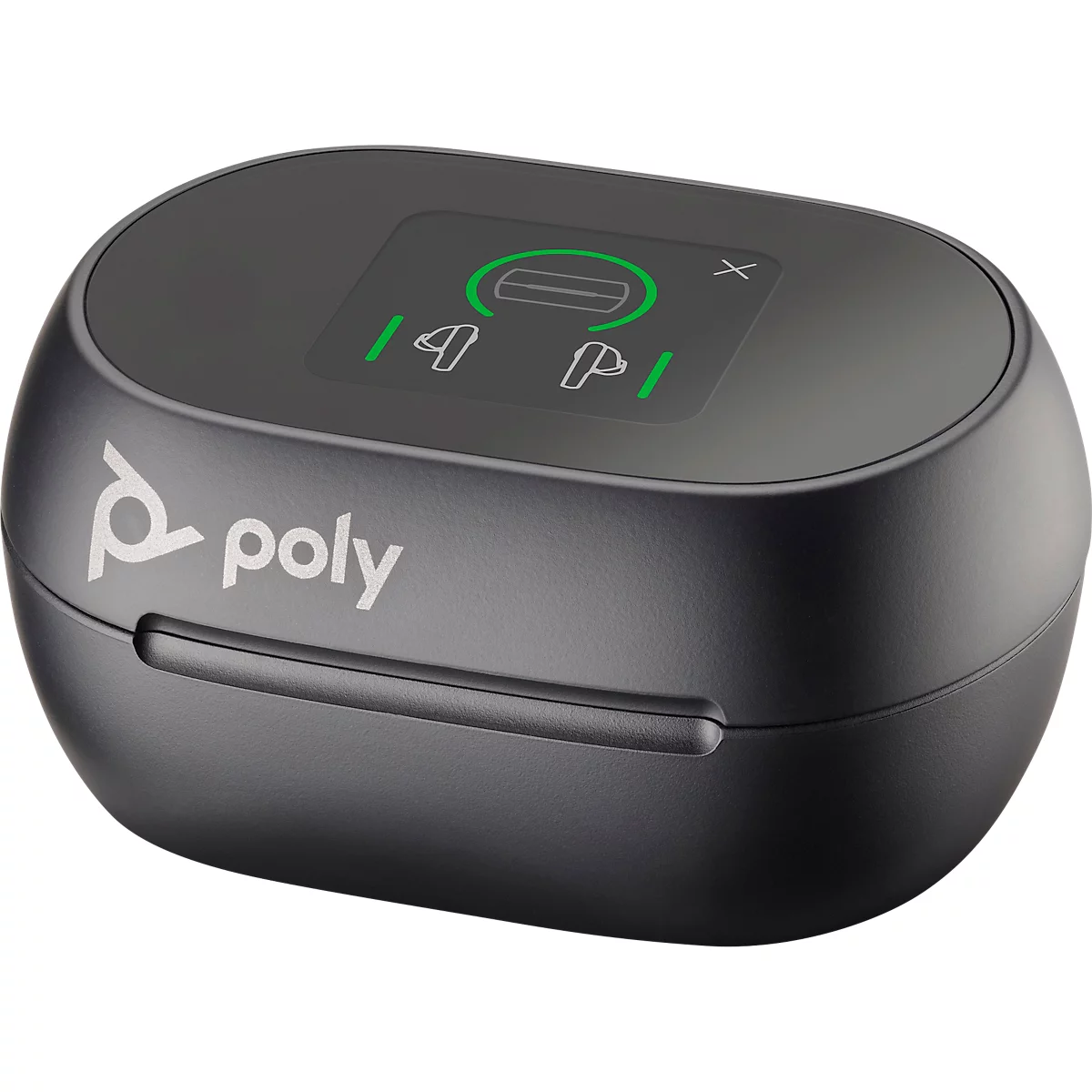 Dark grey charging case from Poly for wireless headphones, with green charging indicators.