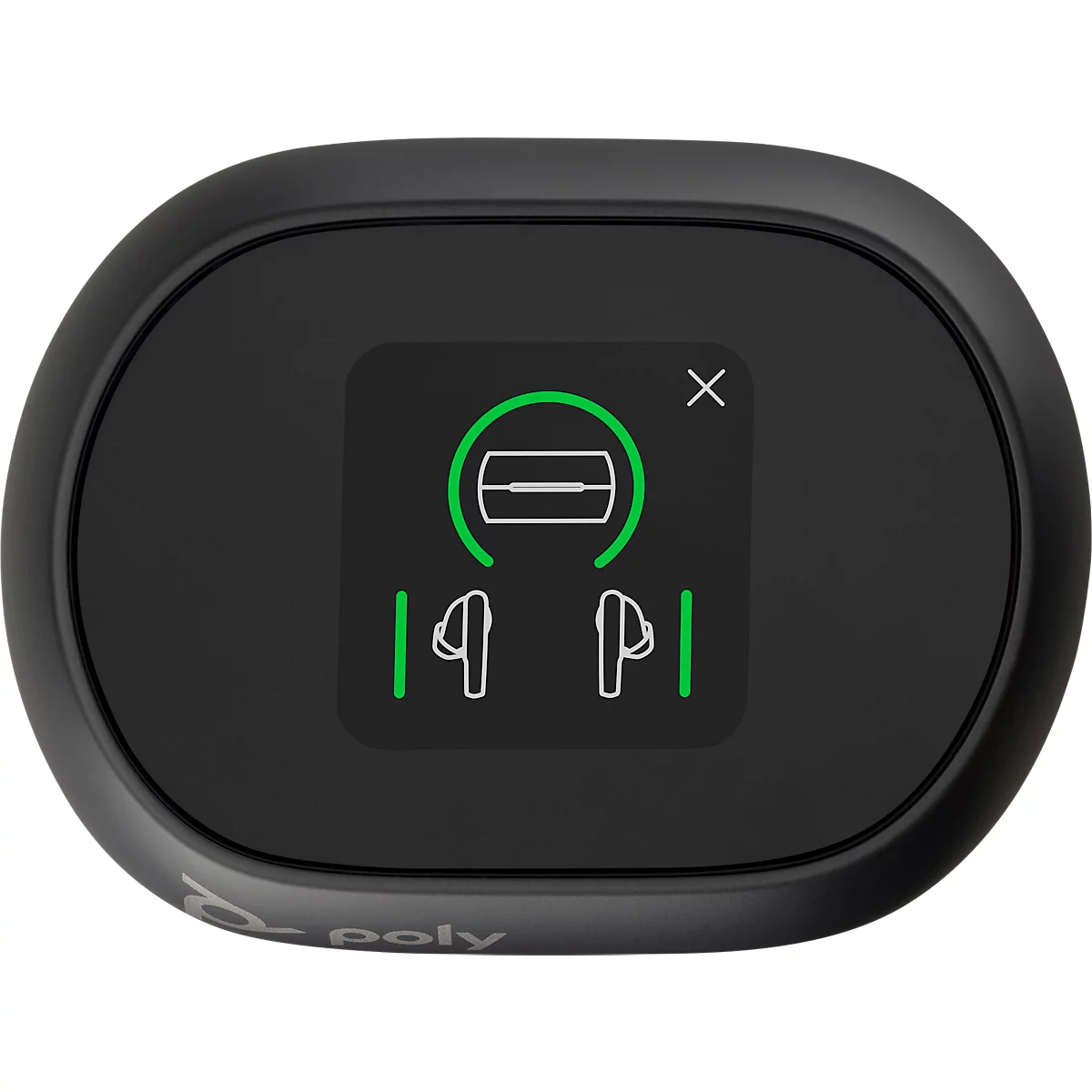 Black, oval device with screen. Green symbol of headphones in a circle.