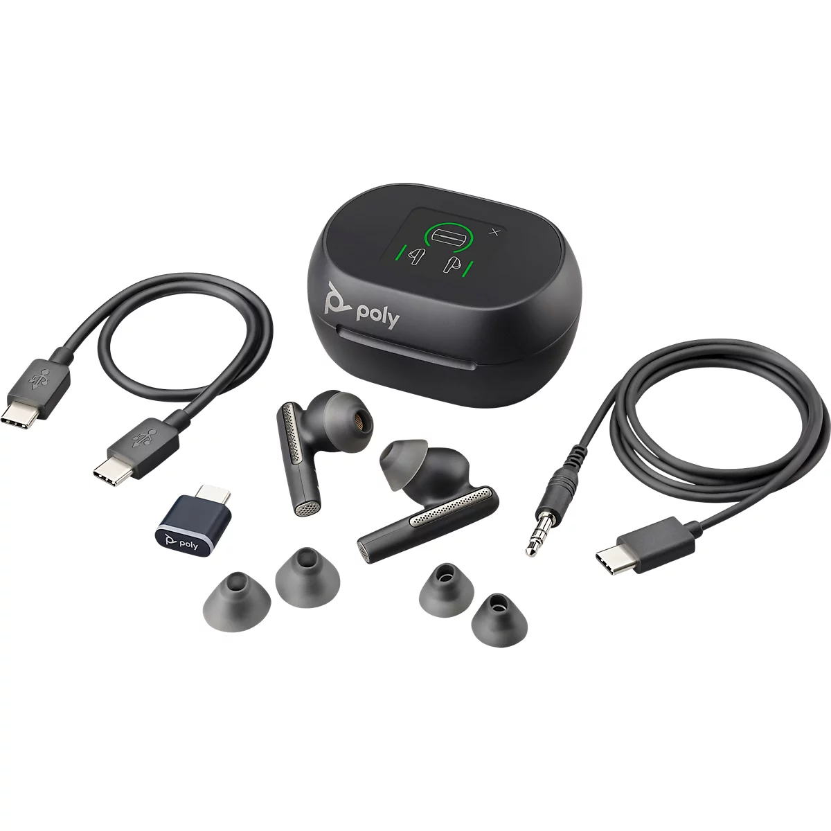 Black Poly earbuds, charging case, USB-C cable, adapter, and various ear tips on a white background.