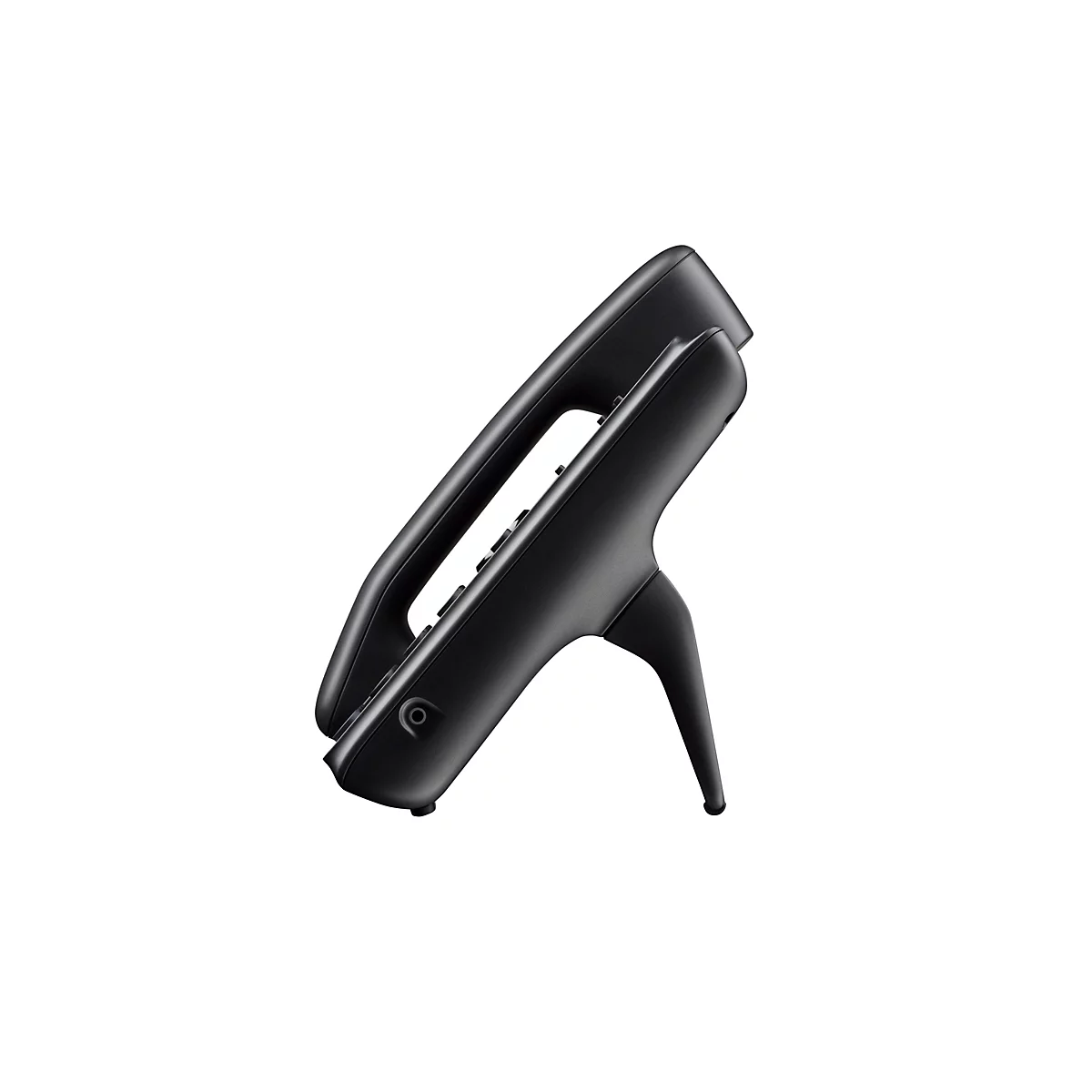 Un téléphone noir incliné sur fond blanc. Le téléphone a une forme incurvée et un support.