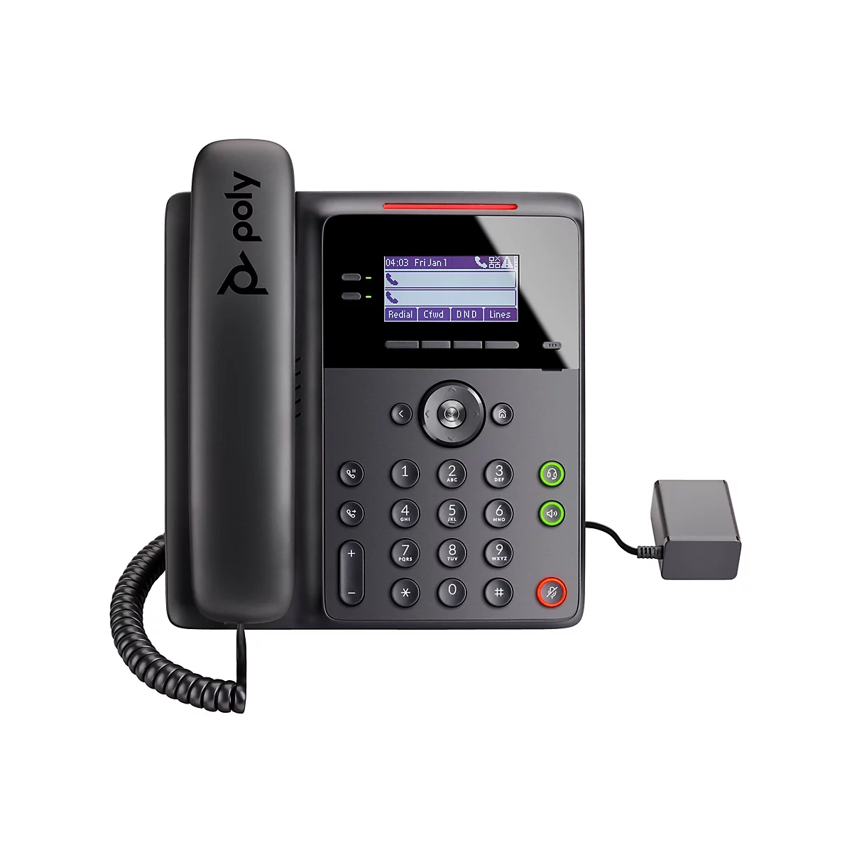 Téléphone de bureau gris foncé, avec cordon, pavé numérique et écran. Il affiche l'heure et des options comme 'Rappel' et 'Lignes'.