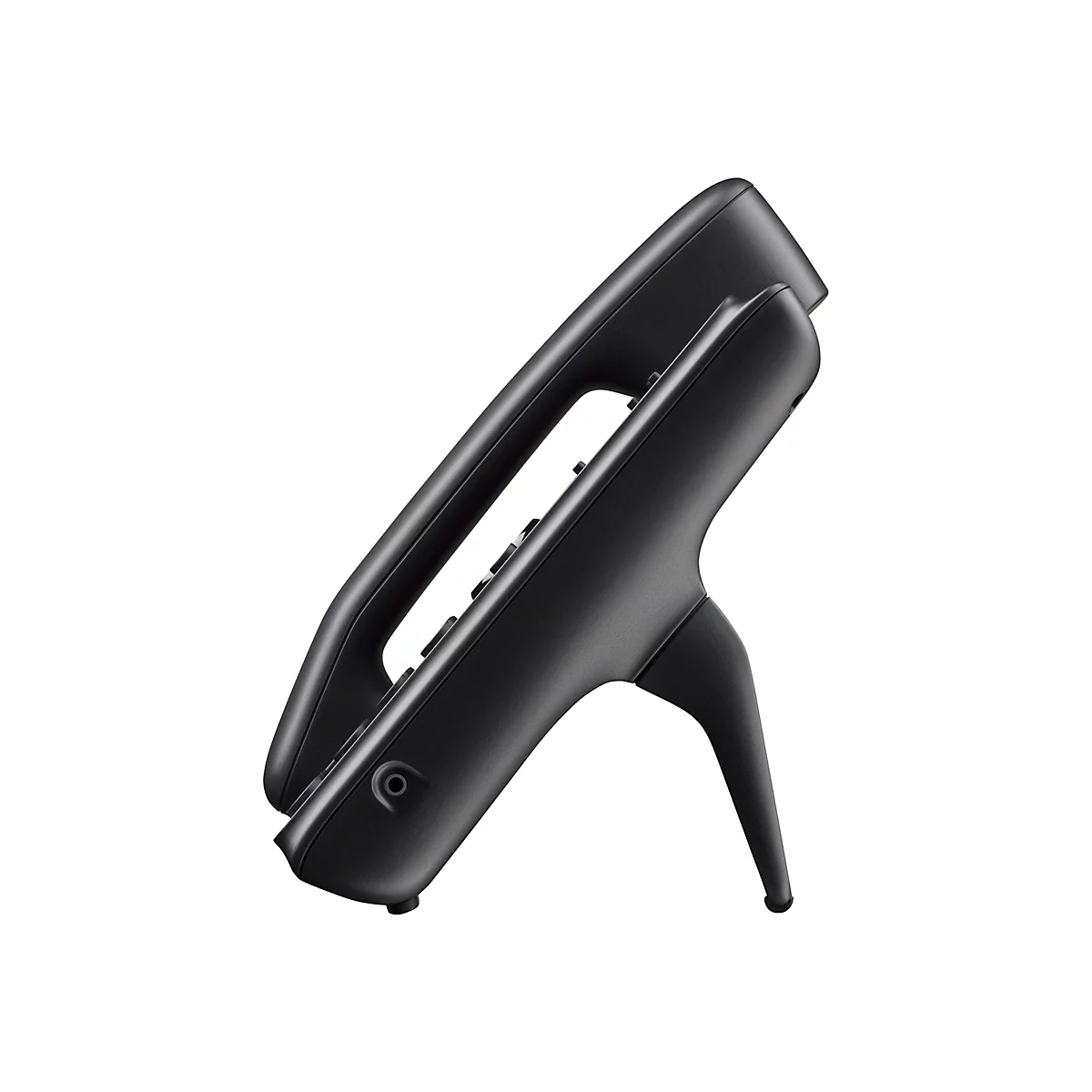 Ein schwarzes Telefon, das aufrecht auf einer Halterung steht, zeigt eine Nahaufnahme, die auf weißem Hintergrund isoliert ist.