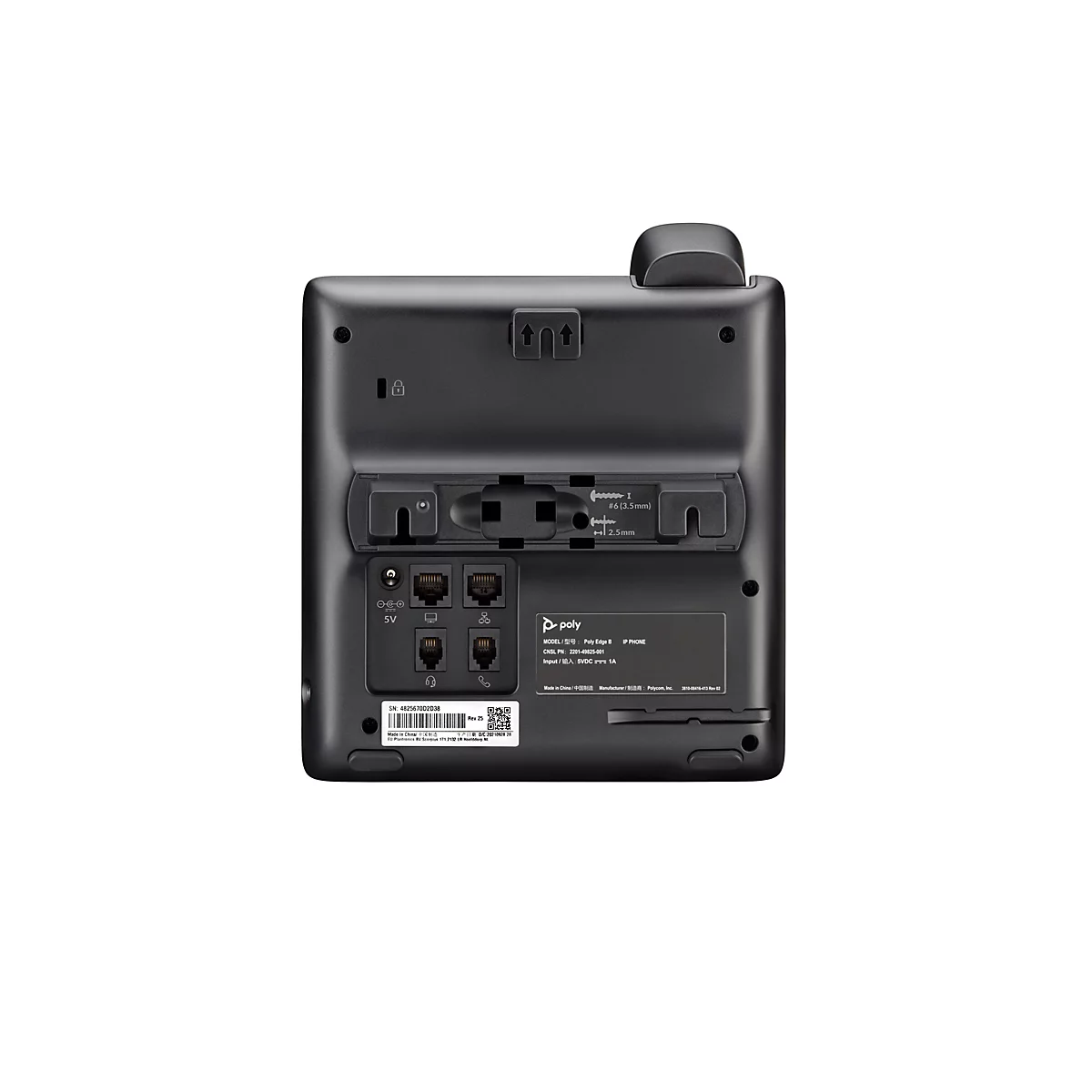 Dos d'un téléphone IP noir avec ports, étiquettes et logos sur fond blanc.