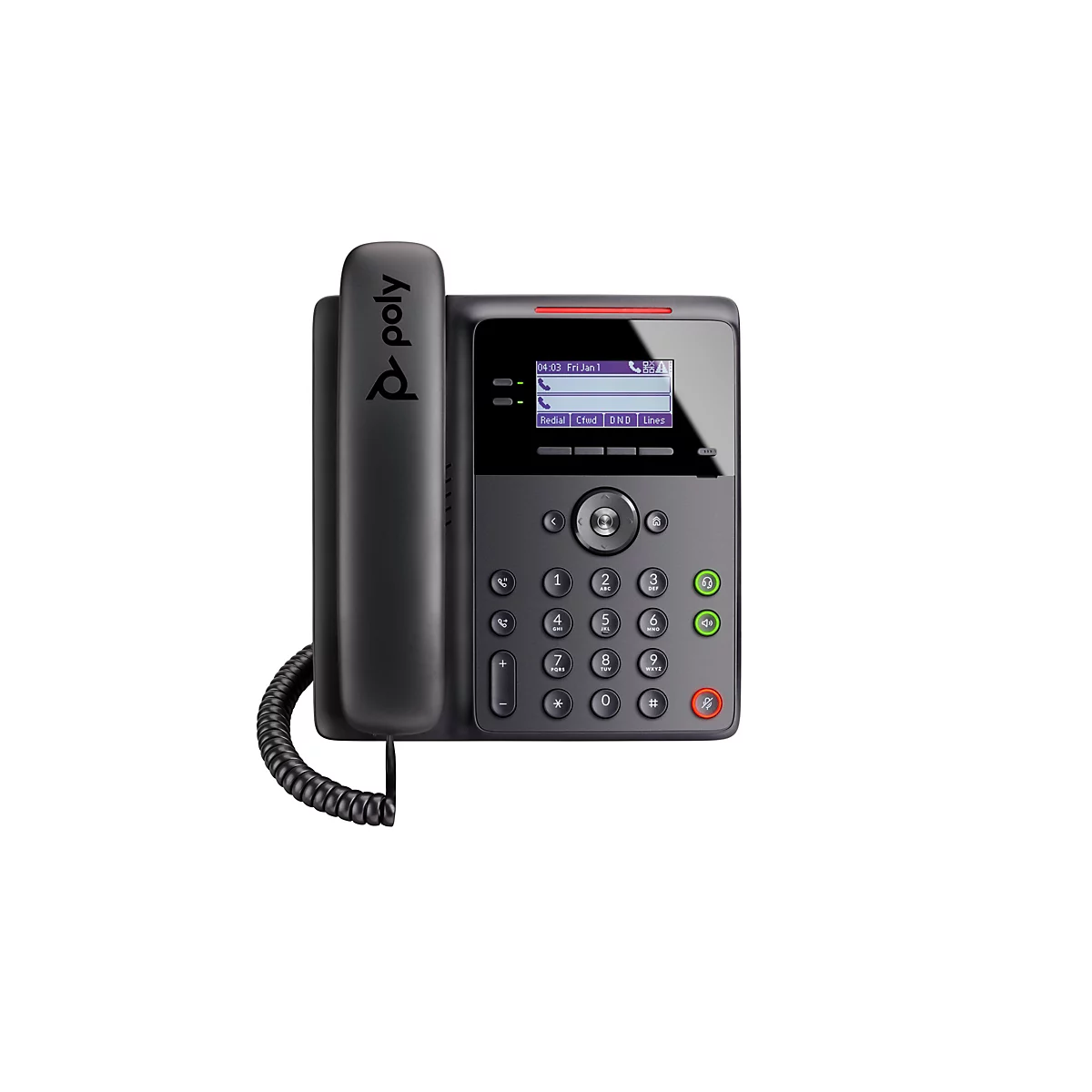 Téléphone Poly noir, vue de dessus. L'écran affiche l'heure, la date et des symboles. Boutons, combiné et logo Poly.